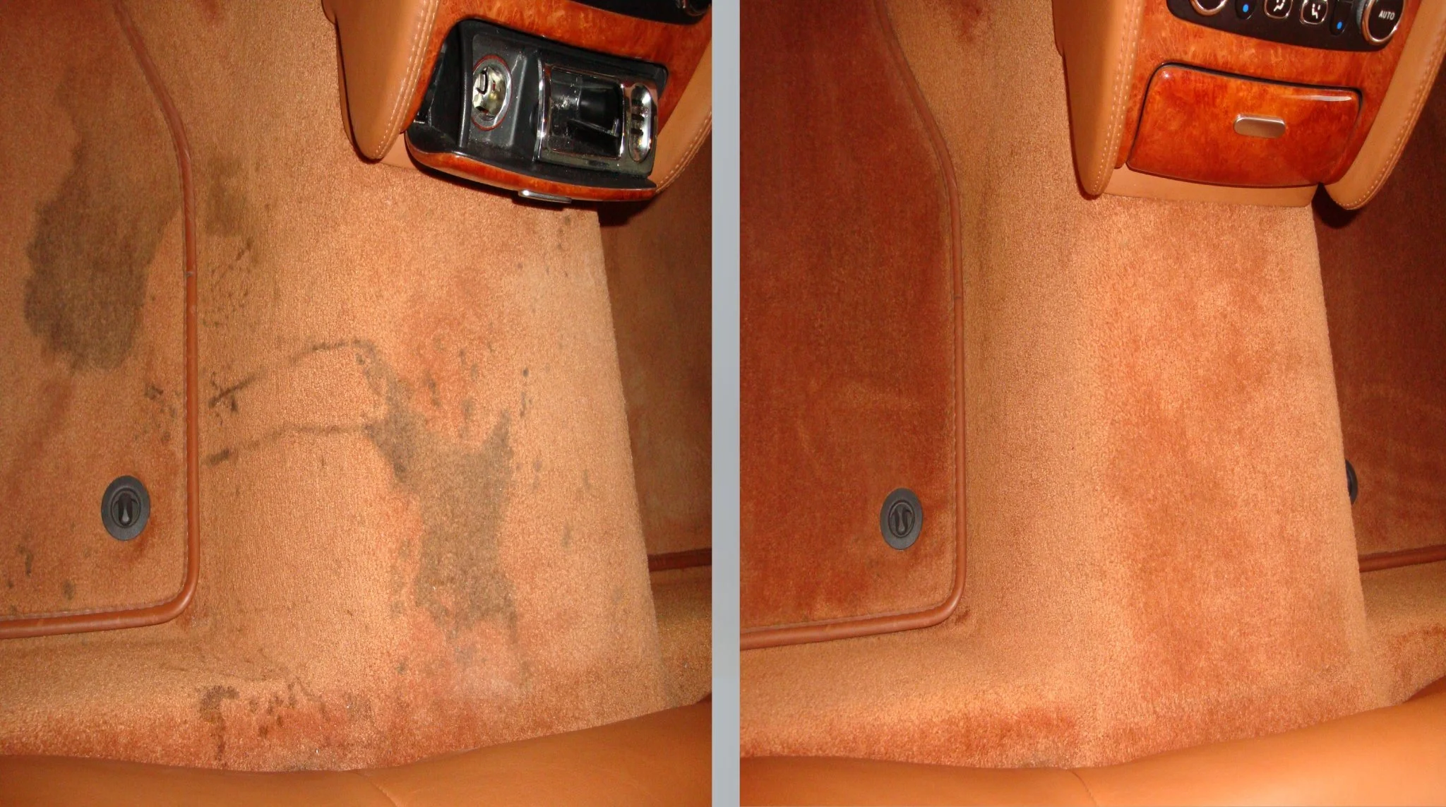 Stained carpet before and after image. carpet restoration and cleaning services by Color Glo International