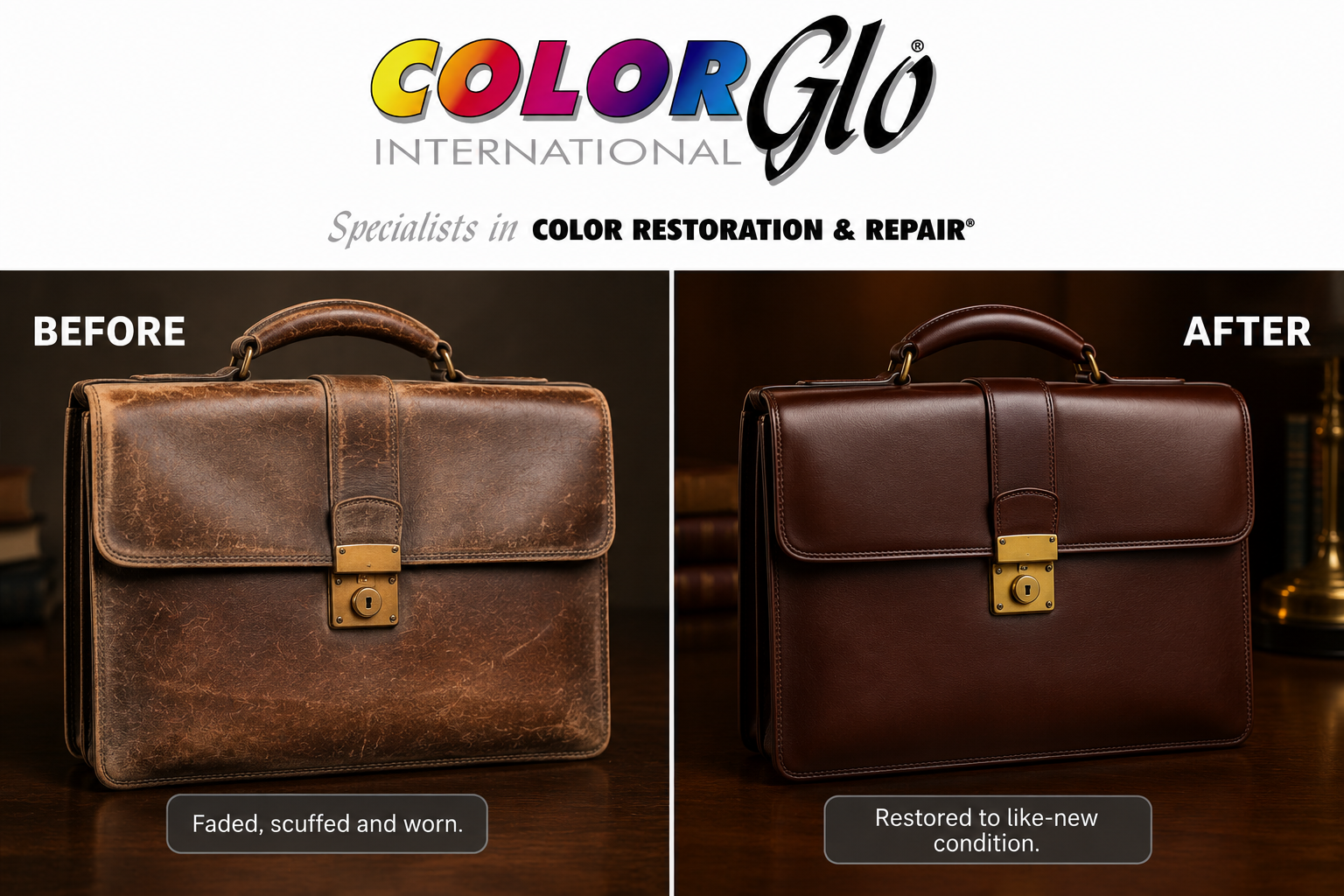 luxury leather briefcase scuffed and worn restored to new with Color Glo