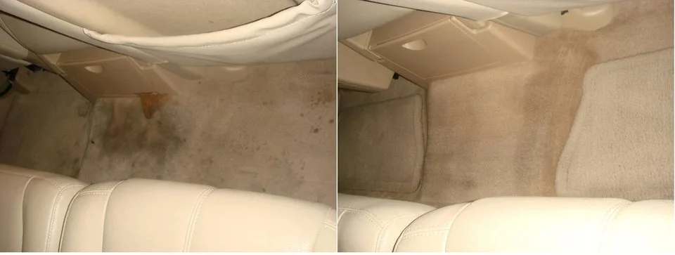 Before and after image of carpet cleaning and repair by Color Glo