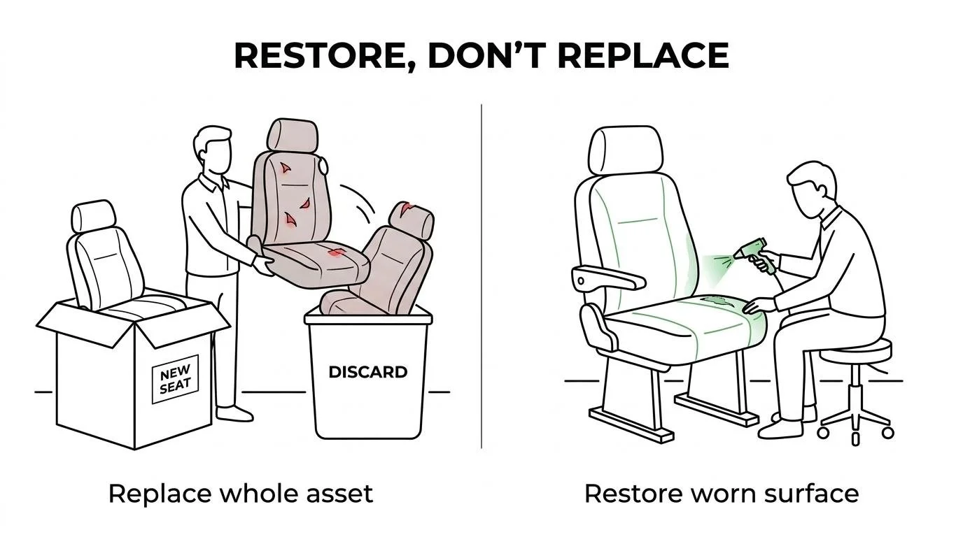 Color Glo technician restoring a worn leather seat on-site instead of replacing it