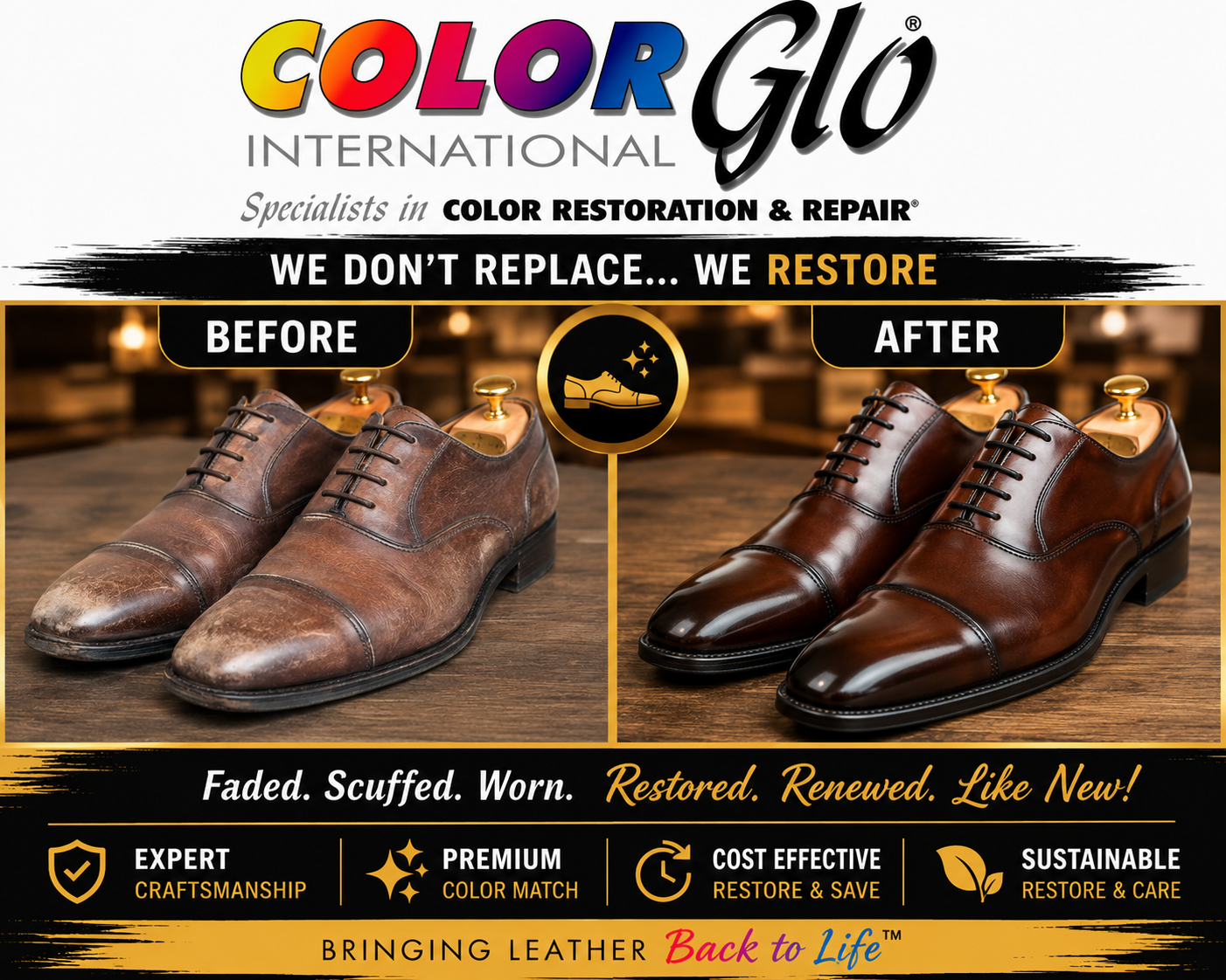 leather restoration on men's shoes. Before and after example from Color Glo