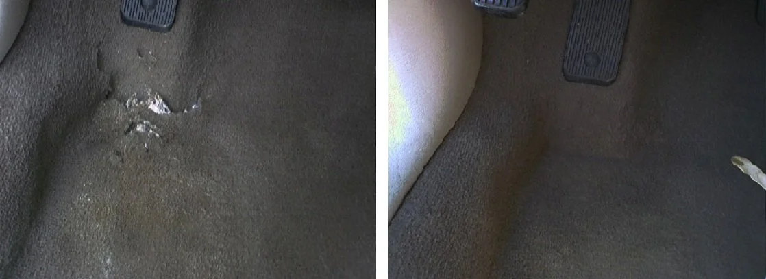 Before and After image of damaged and repaired flooring on driver's side auto.