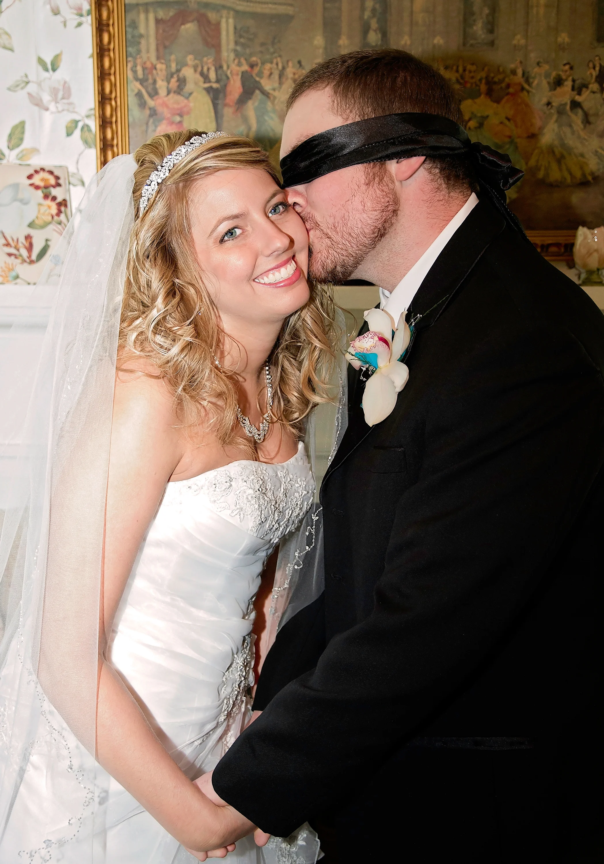Blind-folded groom at Pursell Farms, Alabama