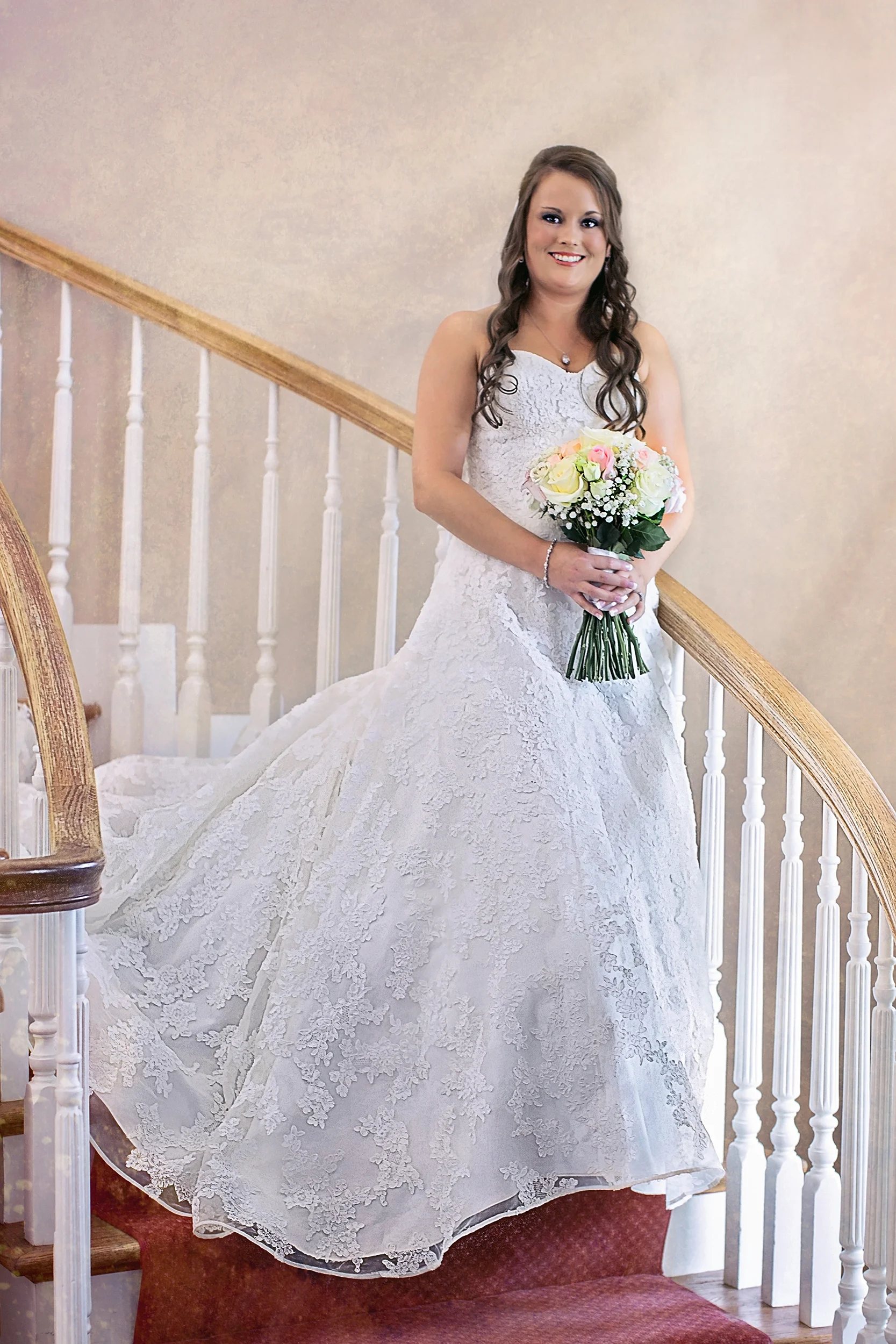 Stunning bride on stairs at Whitestone Inn, TN