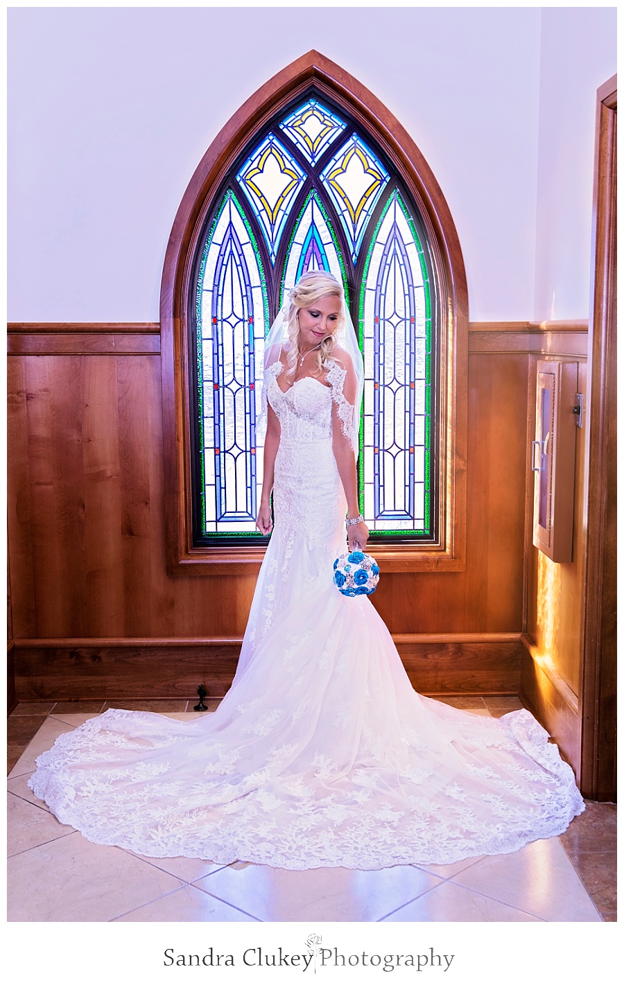 Bride at stained glass windows