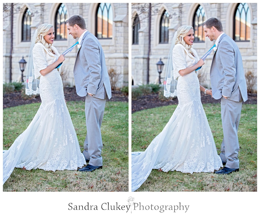 Bride pulls groom towards her