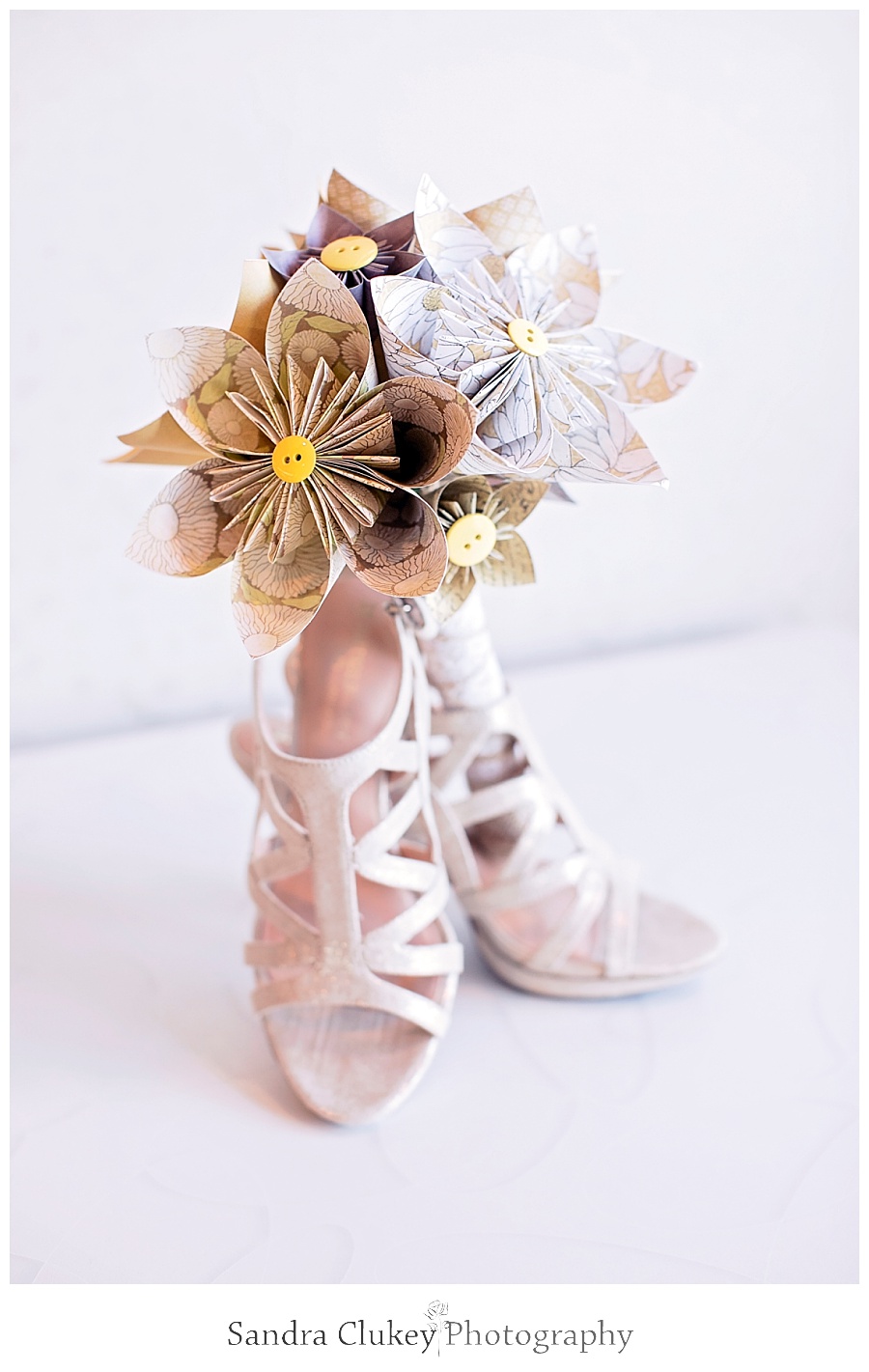 bridal origami bouquet and bridal sandals