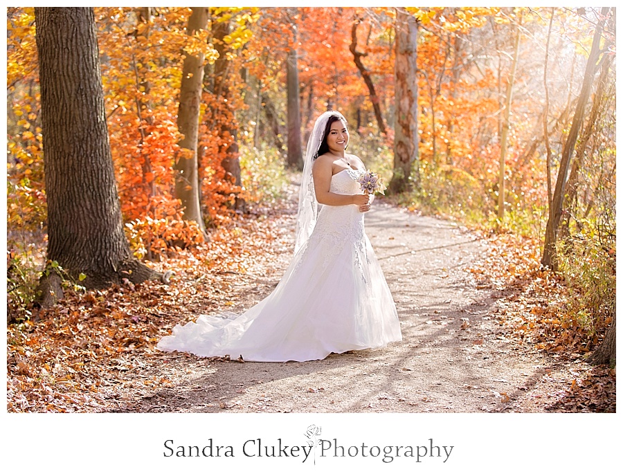 Elegant bride on fall colored tree lined path