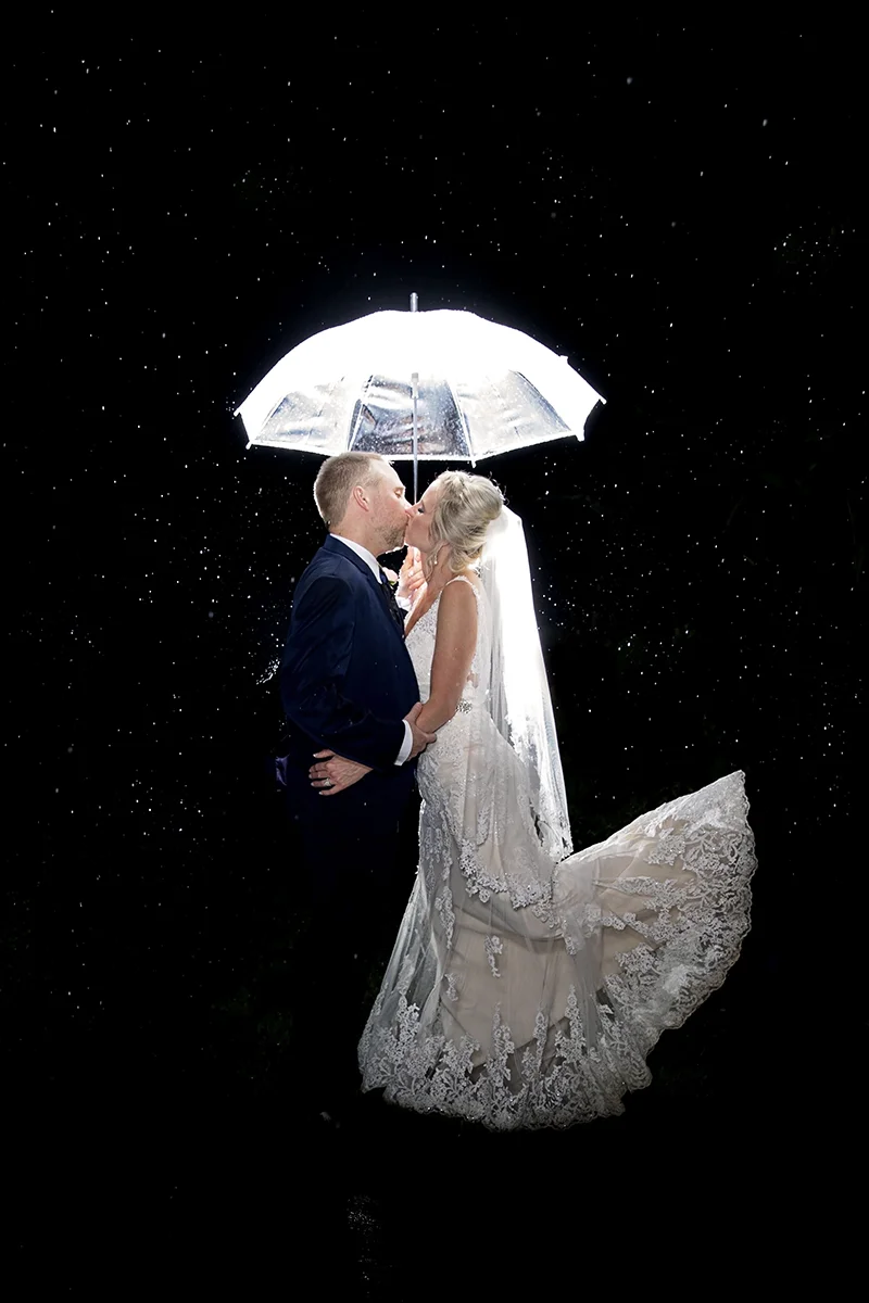 Bride and Groom in rain under umbrella