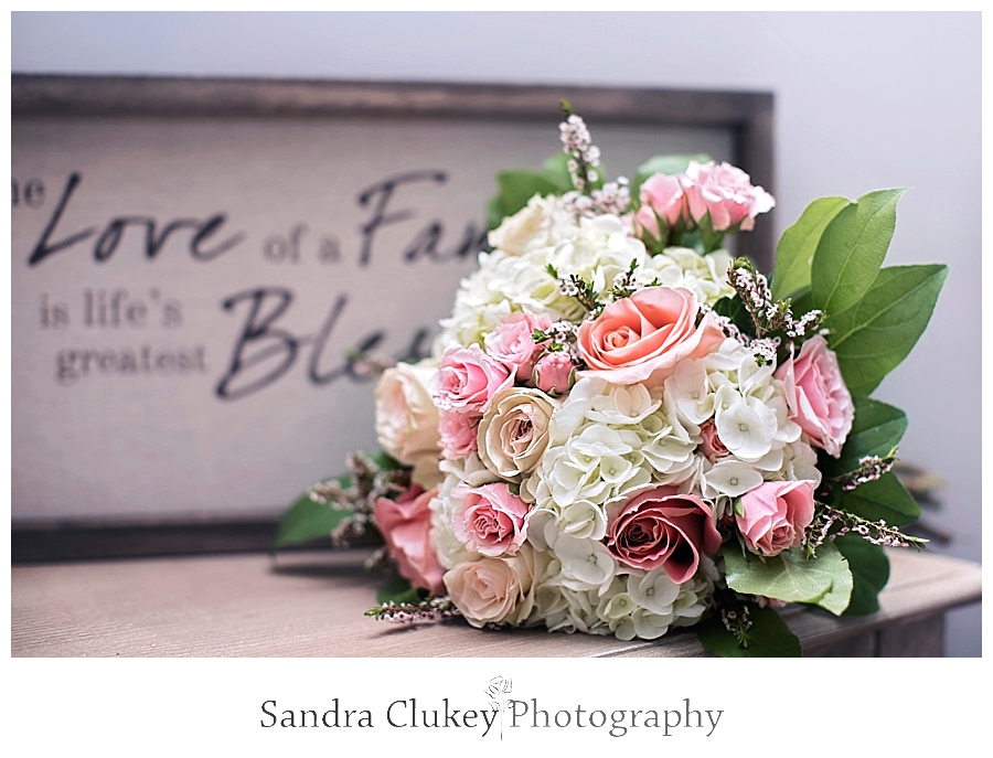 Pink rose and white hydrangea bridal bouquet