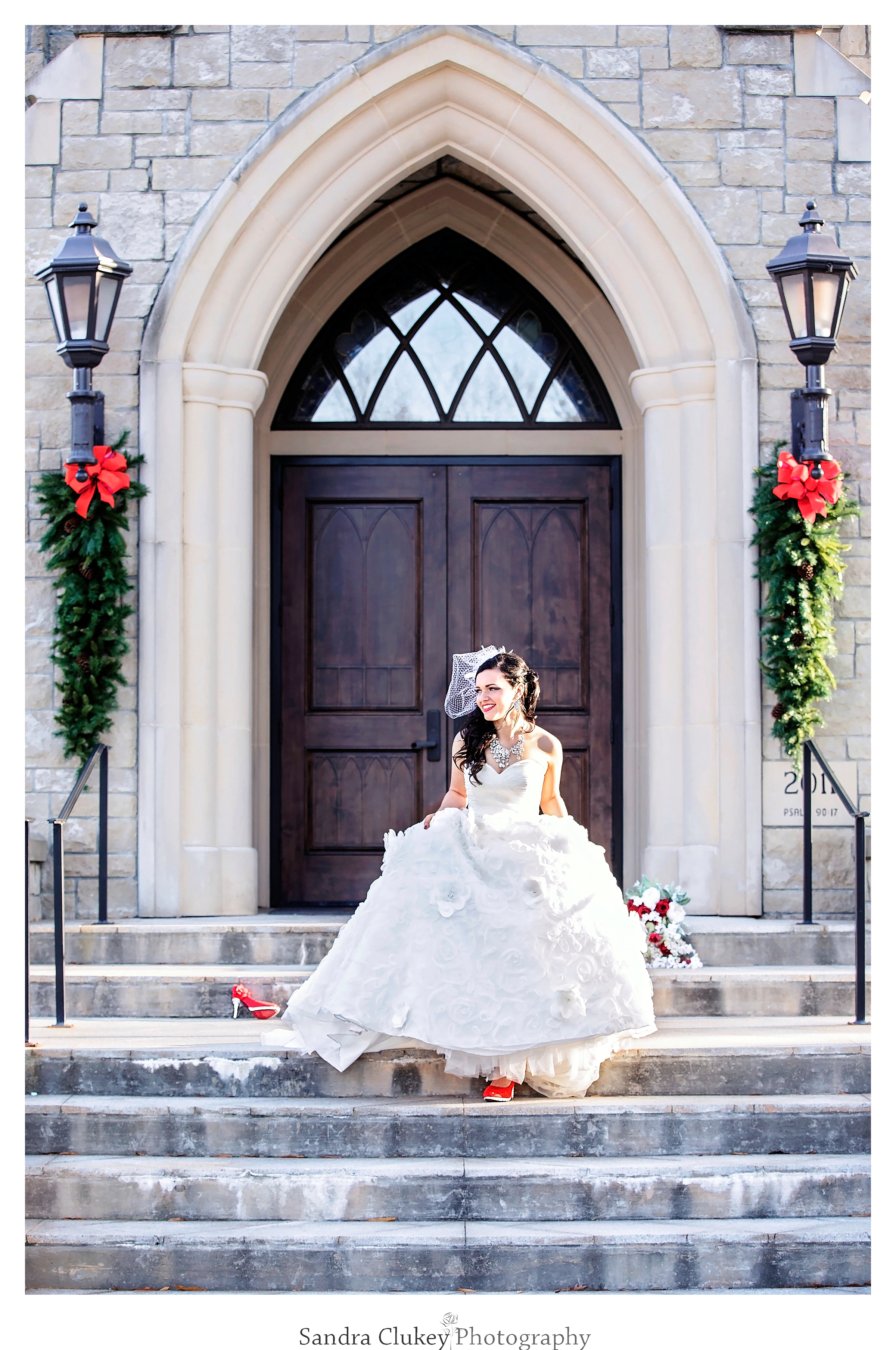Cinderella Bride on steps at Lee University Chapel, Cleveland TN