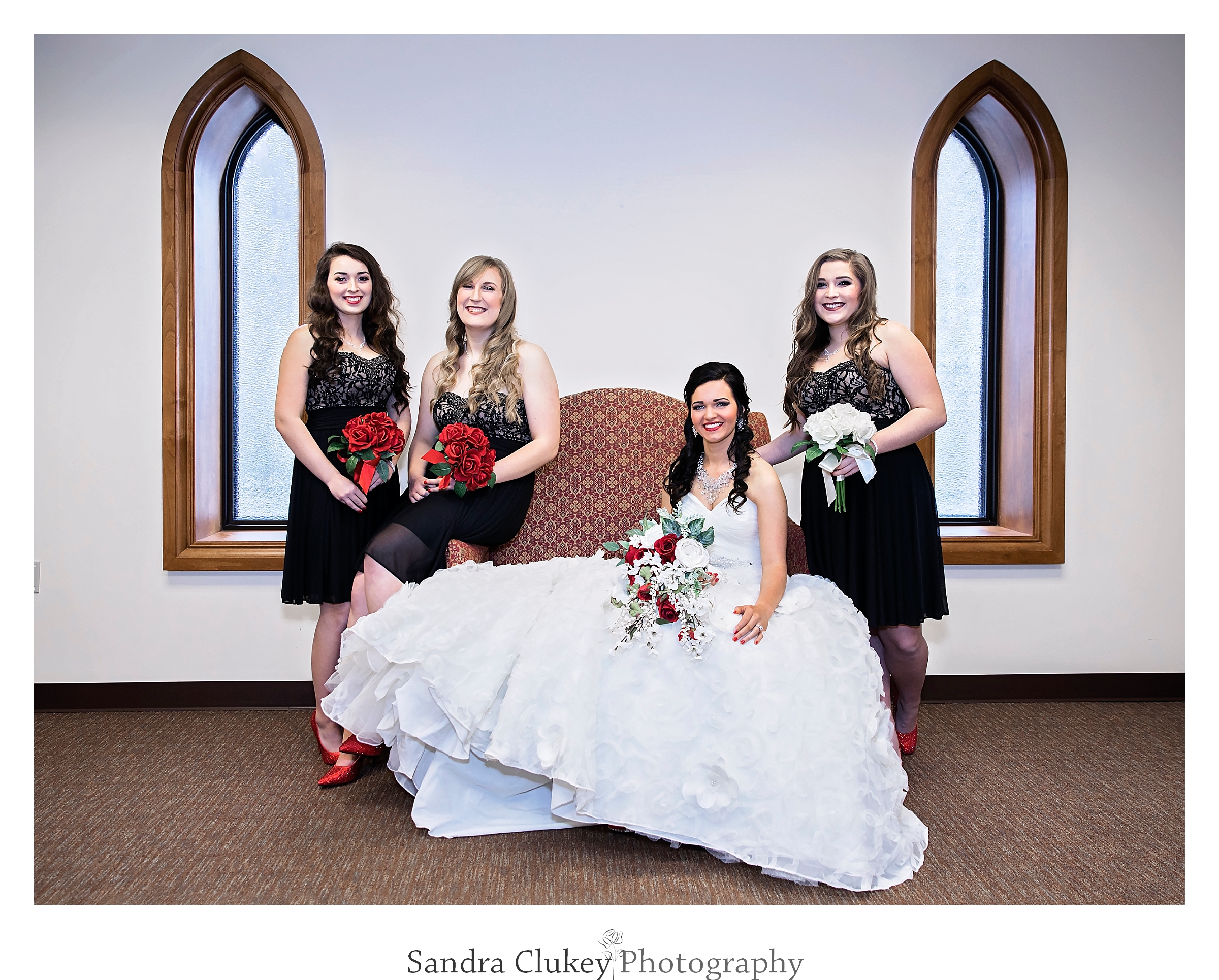 timeless image of bride with her girls at Lee University Chapel, Cleveland TN