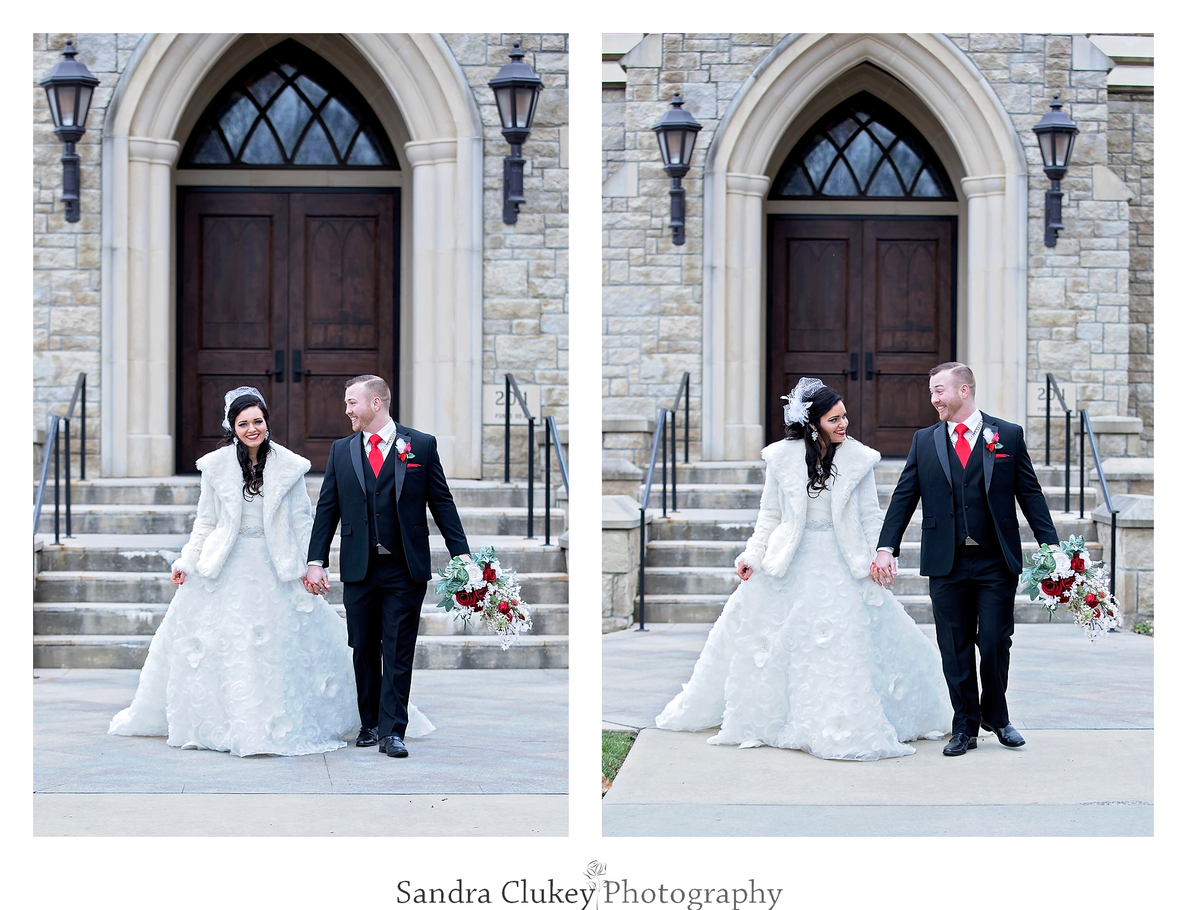 Exited wedding couple in front of the Lee University Chapel.