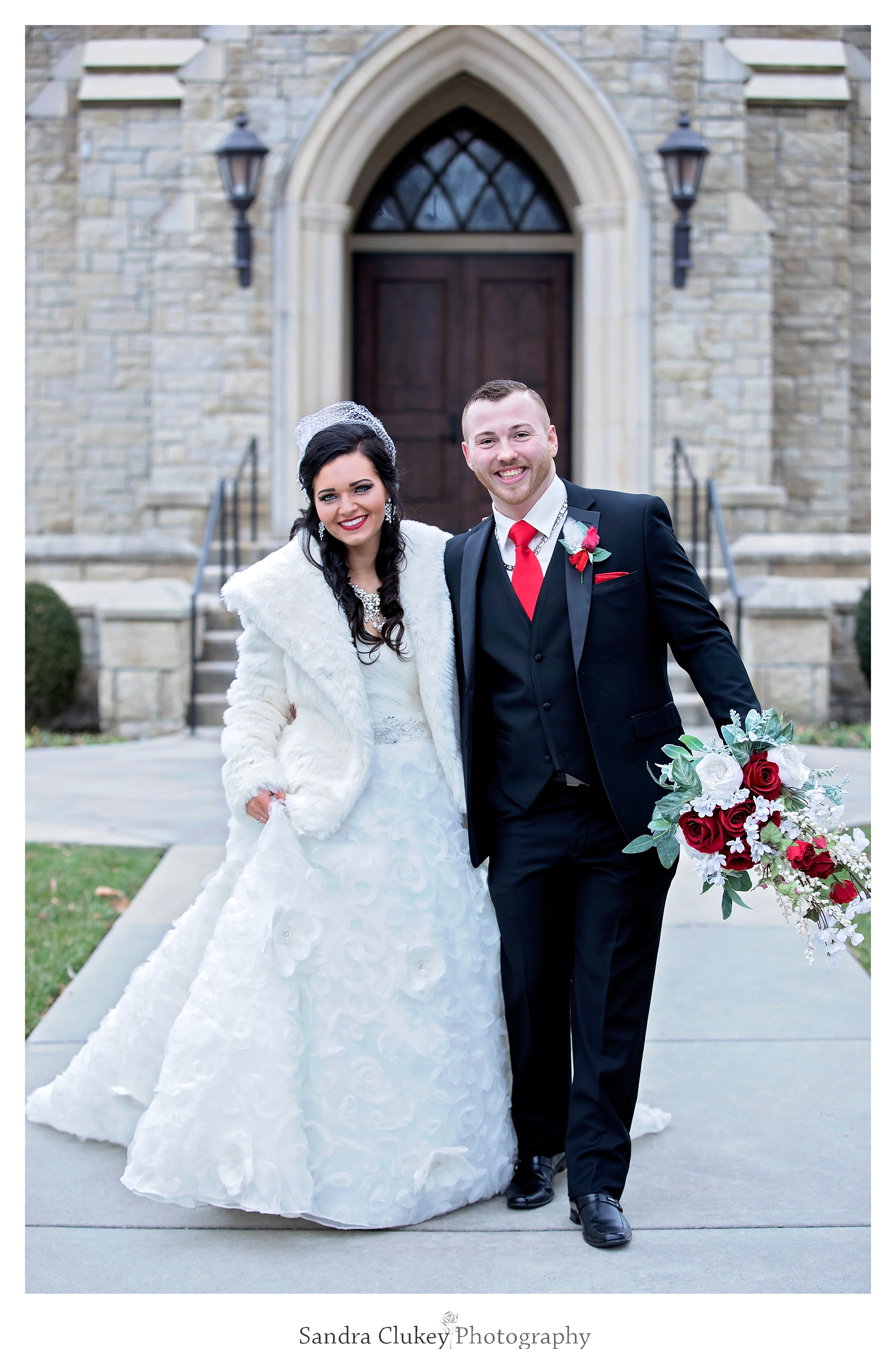 Lovely bride and groom on wedding day in front of  Lee University chapel, Cleveland TN.