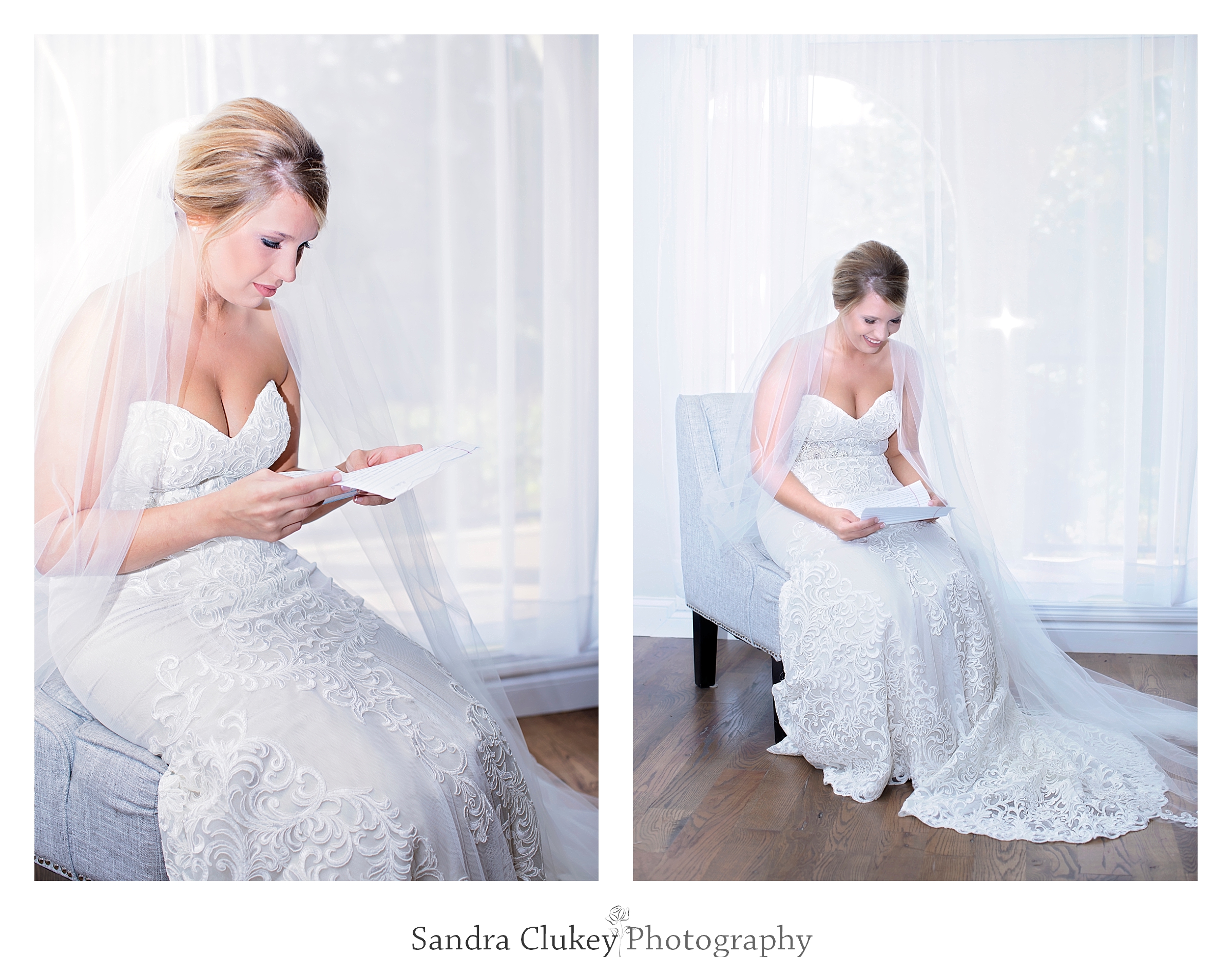 Bride reading groom's letter. Tennessee RiverPlace, Chattanooga TN