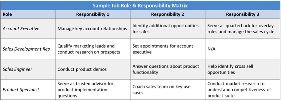 Figure 2: Complete a Job Role & Responsibility Matrix to confirm the roles and responsibilities of each of your sales functions.