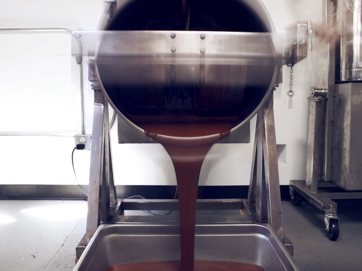  Finished chocolate is poured into 20–40-lb blocks and left to age for 2—8 weeks to allow the flavors to settle. 