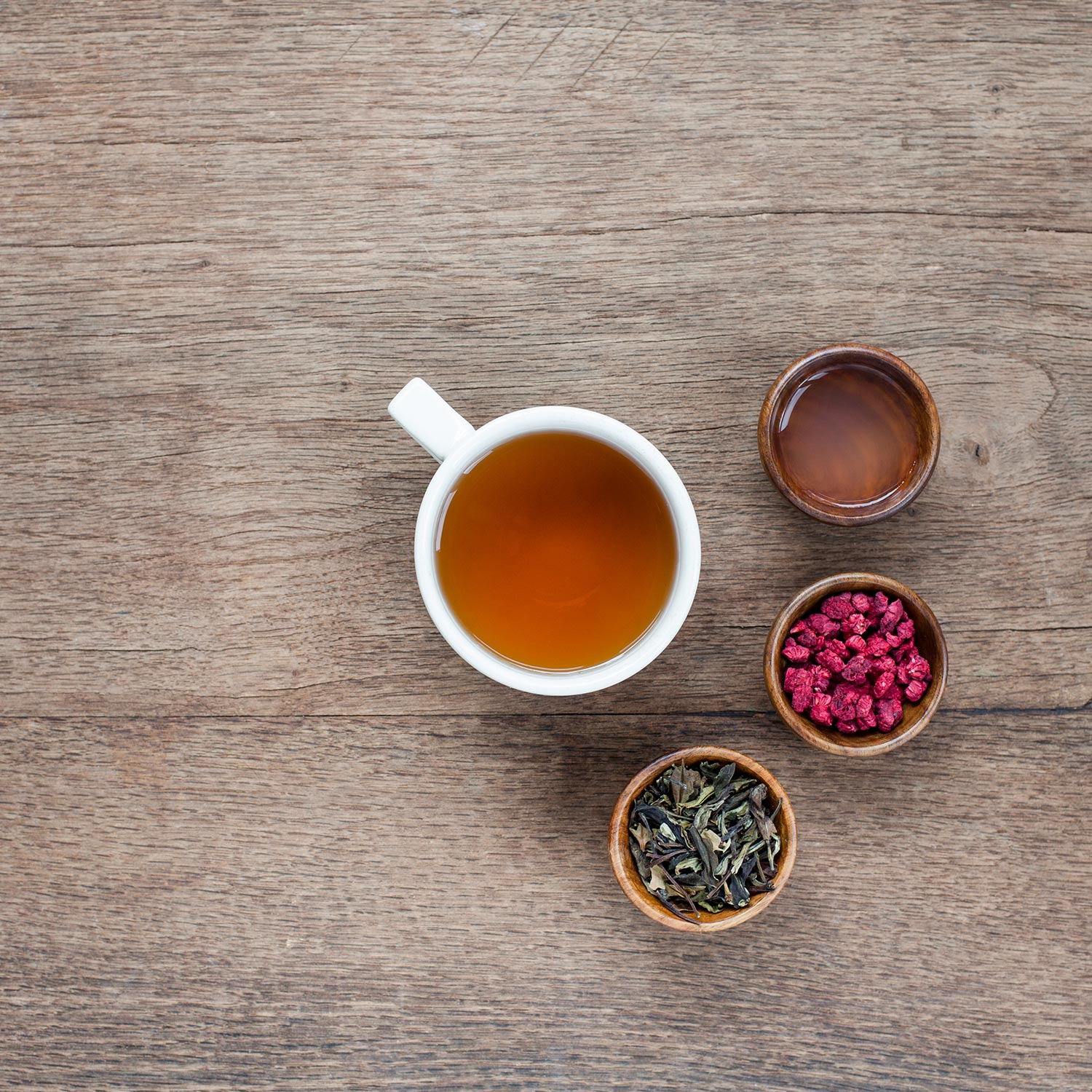 For this fruit tea, we use loose-leaf white tea, real raspberries, and peach extract (from real peaches!)