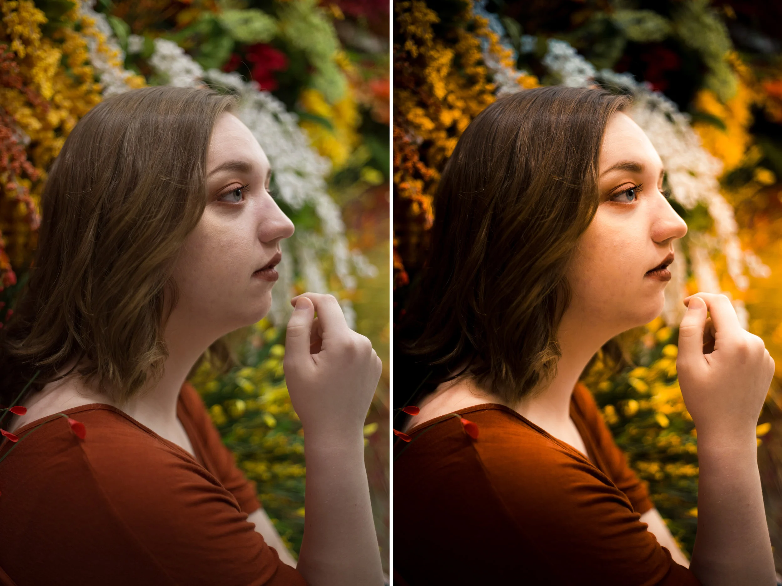 Left: Before / Right: Presets Used: All-In-One - Sunset Portrait2. Brushes Used: Face - Reduce Shadow Under Eyes, Face - Skin Tone & Smooth (tweaked), Eyes - Whiten Eyes, Eyes - Enhance Blue Eyes