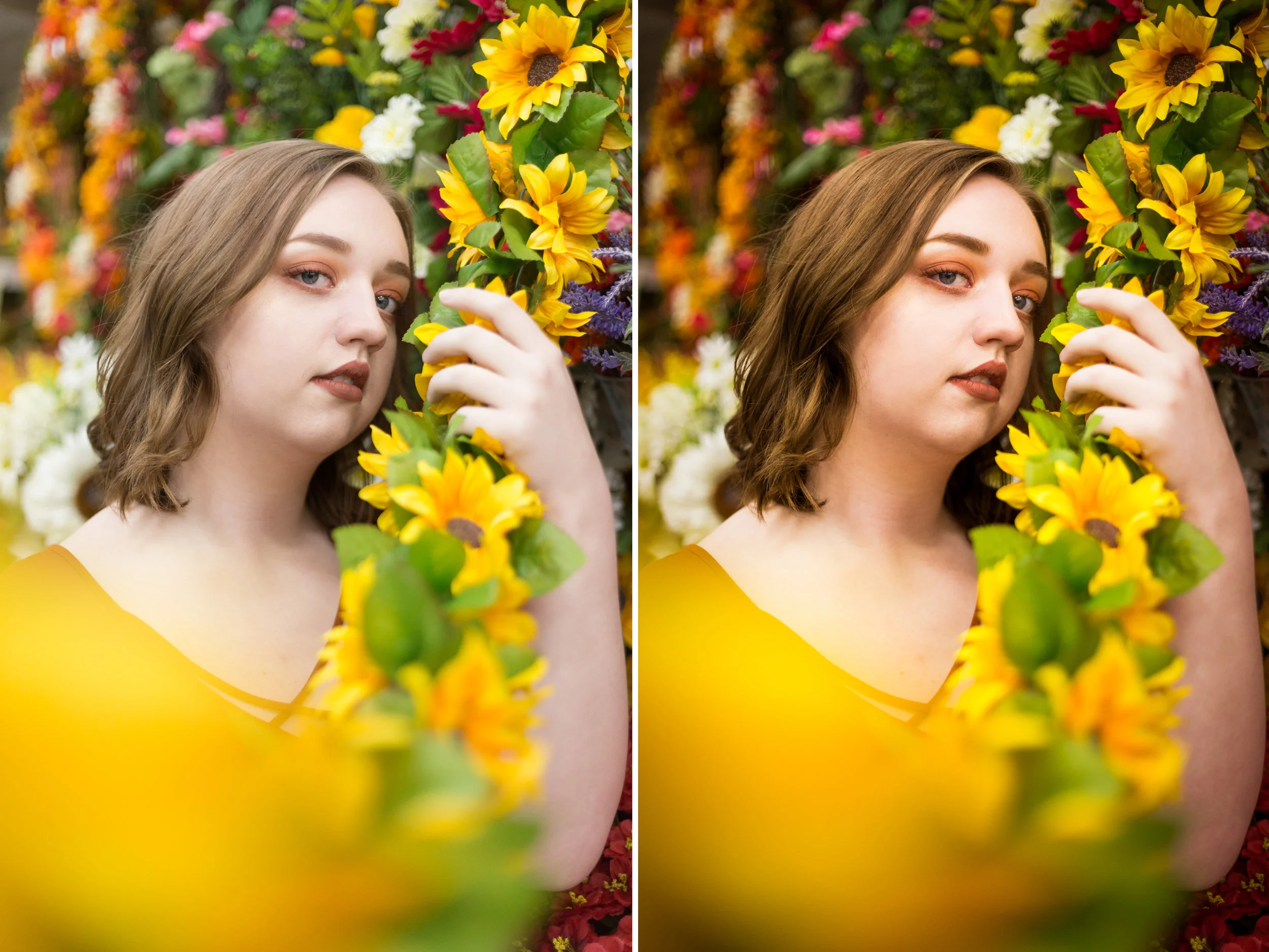 Left: Before / Right: Presets Used: Base - Into The Woods (tweaked), Tone/Tint - Summer Ten, Polish - High Contrast, Vignette - Black Dreamy. Brushes Used: Face - Reduce Wrinkles, Light - Darken Shadows