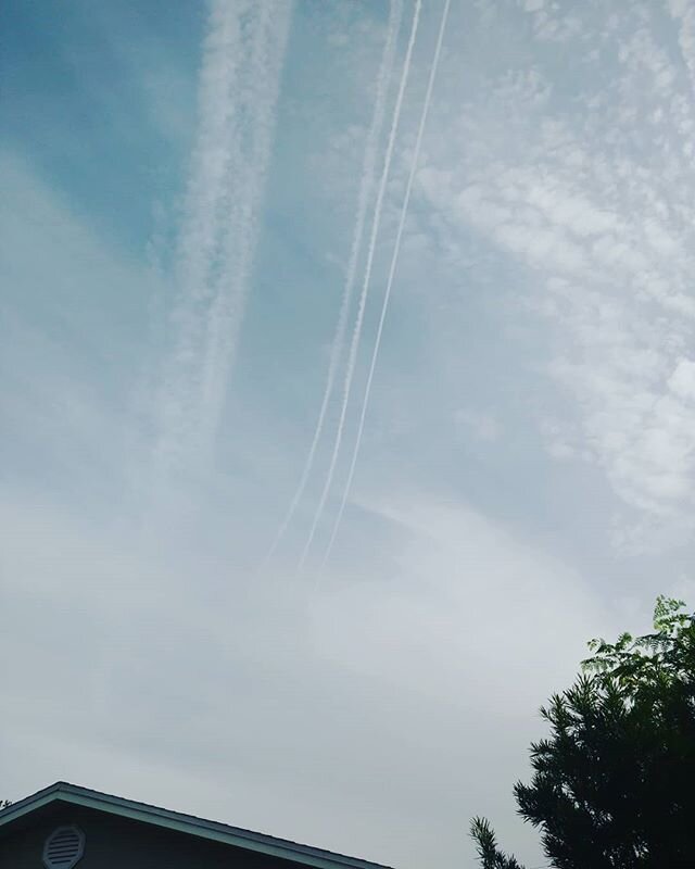 Out trying to water my plants and already witnessing this kind of trickery. Yes, I live close to a major airport, but these are not normal flight patterns. No commercial planes fly the same route, in such rapid succession, so close to each other. And
