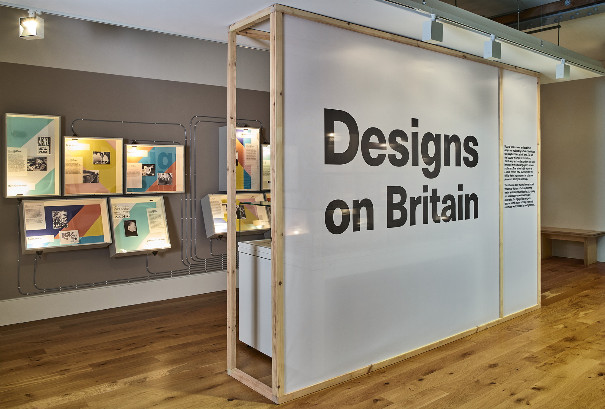 Designs on Britain Exhibition design, Jewish Museum, 2017 In the 20th Century, pioneering designers from continental Europe emigrated to Britain and brought with them a knowledge of European modernism. This exhibition explores their major contribution and influence on British design. The design language is articulated into evocative displays of the mid-century and a rich colour palette. The interplay between colour and material allowed us to create an immersive studio atmosphere. Tactile and engaging activities allow visitors to understand the objects and stories making participation an integrated part of the exhibition experience. Project completed with Plaid London