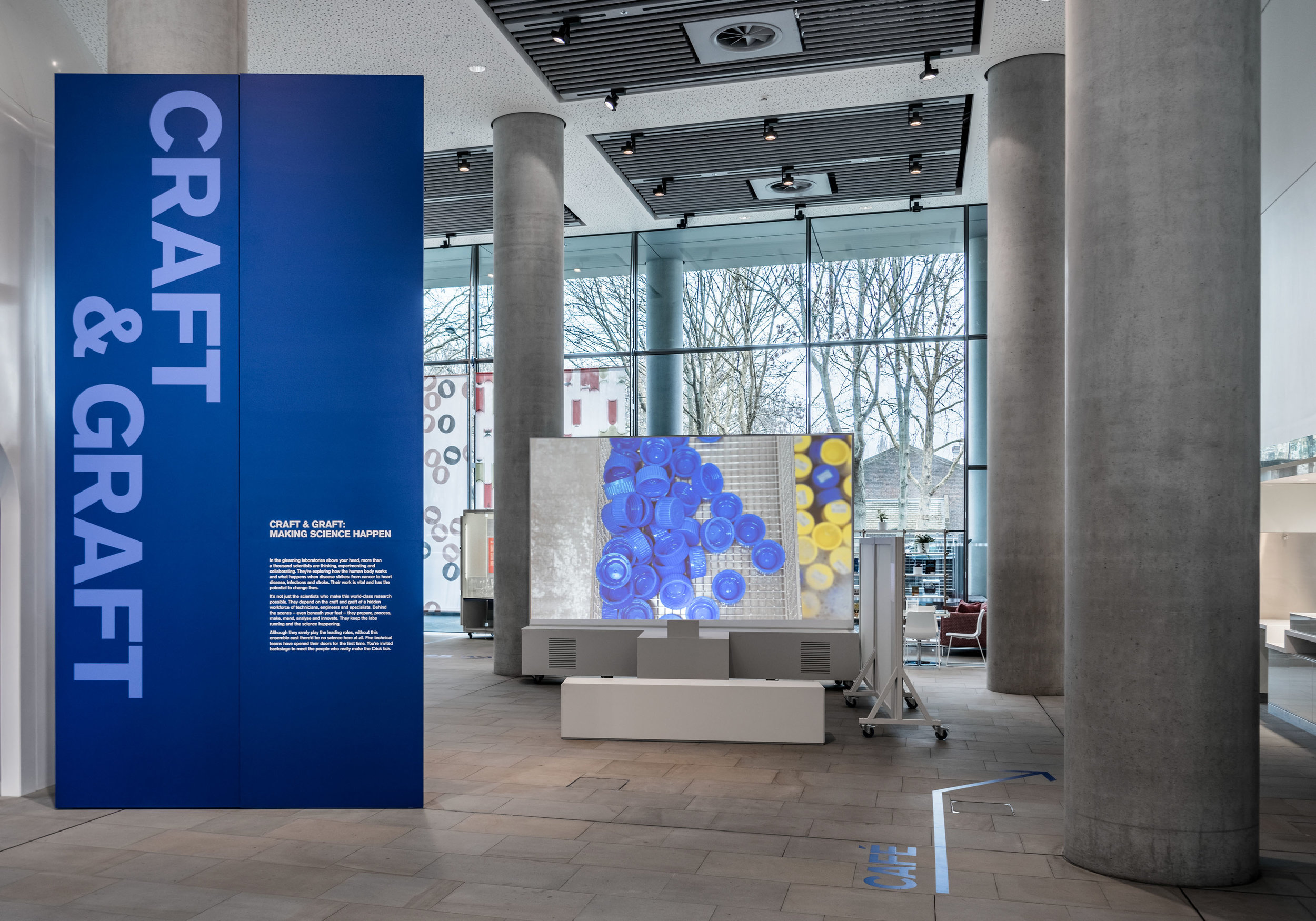 Craft & Graft: Making Science Happen Exhibition design, Francis Crick Institute, London, 2018 Craft & Graft takes a look behind the scenes at the Crick Insitute, Britain’s biggest laboratory facilities. This exhibition attempts to turn the laboratories inside out to provide the public with a glimpse at the technicians’ work. In collaboration with the Crick and Plaid London, we developed a strong utilitarian and modular exhibition design. Graphics and colours are informed by our observations of the laboratory facilities which in combination with photography participate in creating immersive environments. One to one images are printed on perforated pegboard to provide backdrops for the diorama boxes while banners dropping from the ceiling help to create privacy from viewers in the street. Bold floor graphics are used as a navigation system as well as linking all the different stories together. Project completed with Plaid London Photography: Courtesy of Thomas S.G. Farnetti/Wellcome 2018