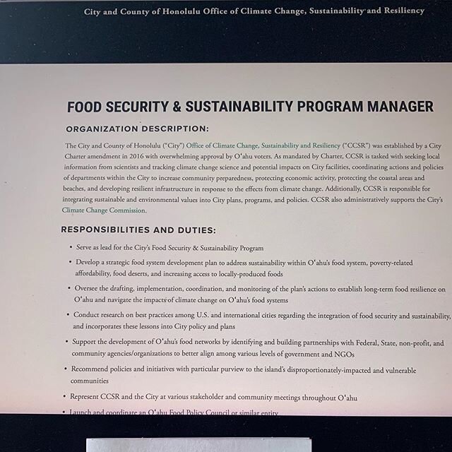 Job opportunity 
https://www.resilientoahu.org/food-security-sustainability-program-manager