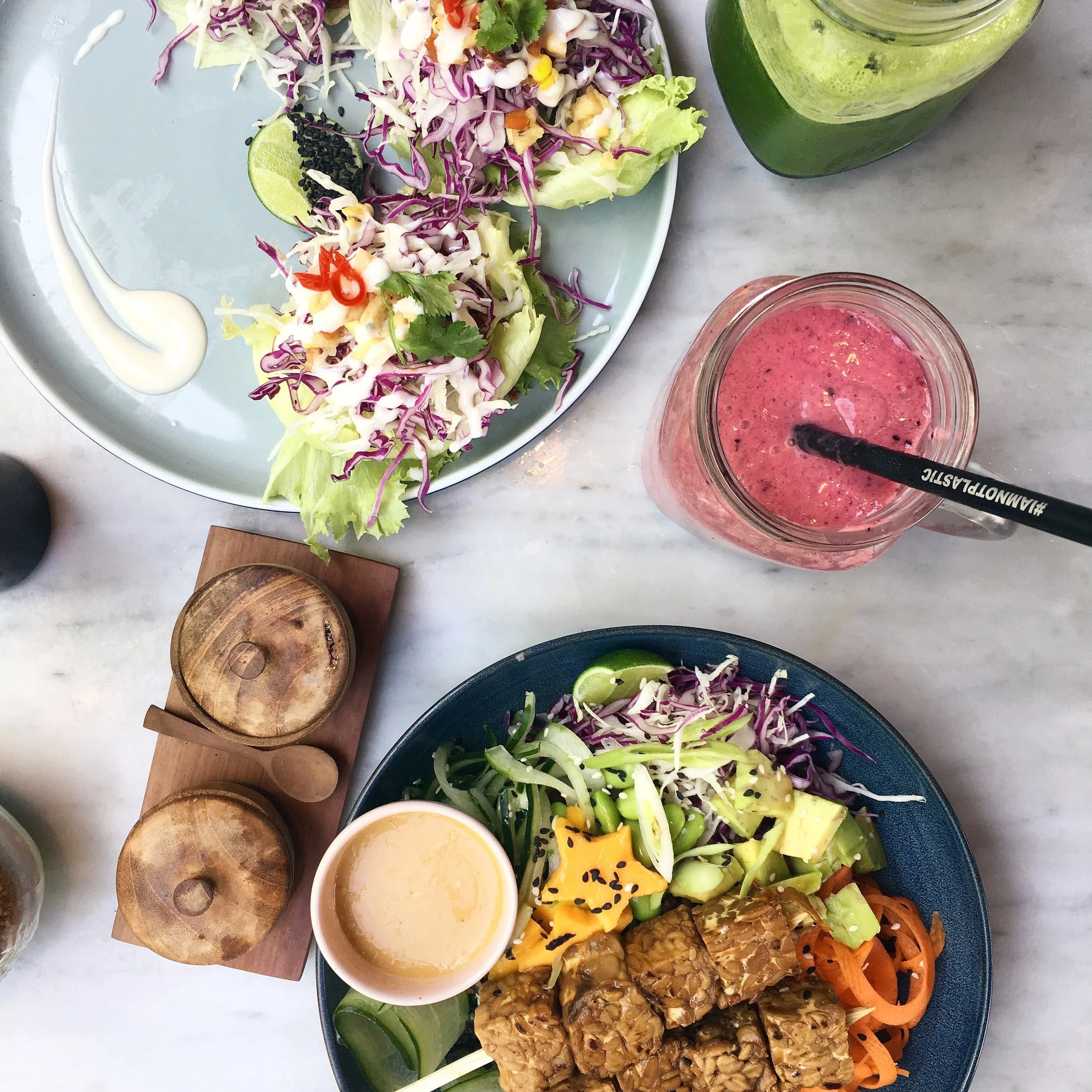 This was from the lunch menu, lighter tacos (not ms Jackson tacos) and an Aloha salad with tempeh