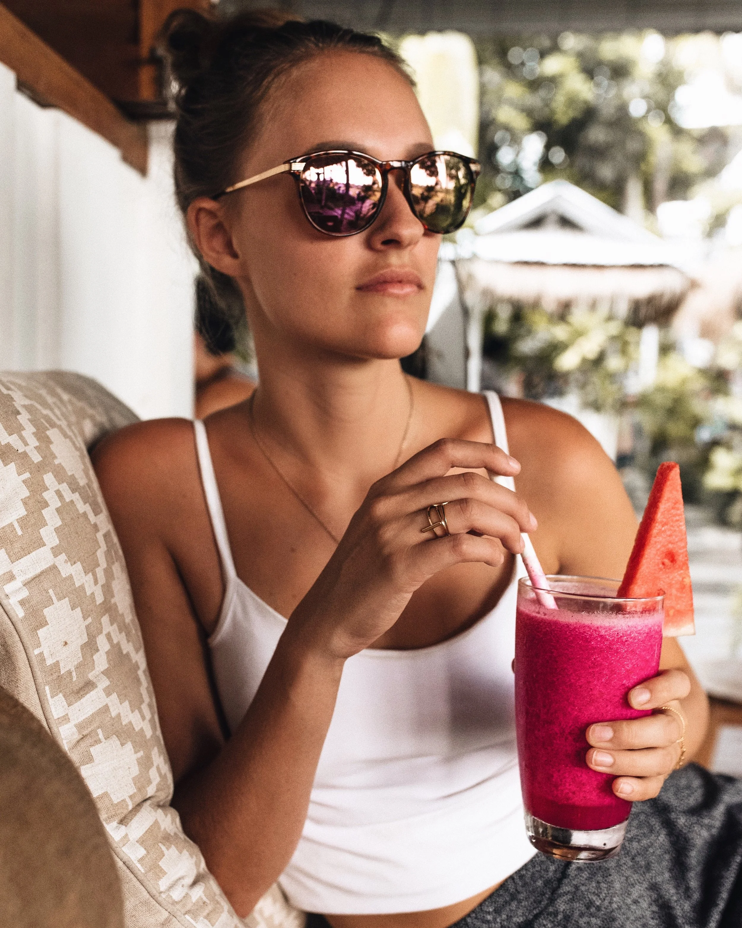 Sipping on a pink pitaya smoothie