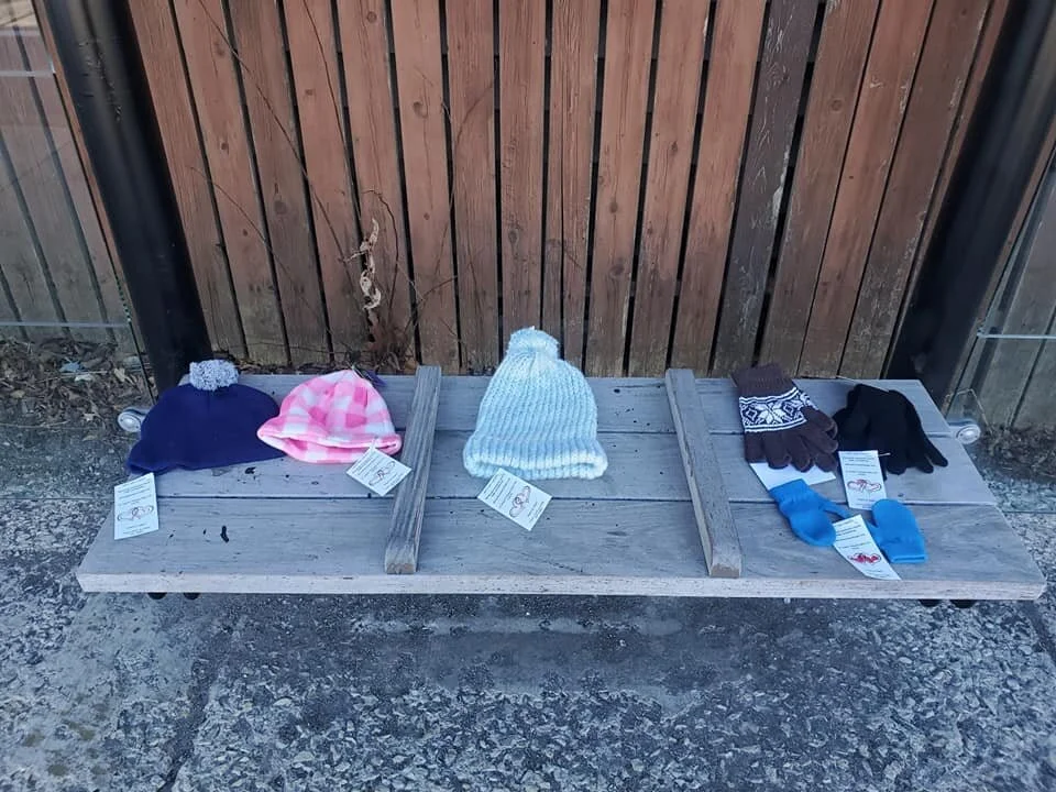Bus Stop Lovin' - something we normally do on cold Friday nights - we leave some warm weather gear and a few other items in random bus shelters throughout the area.