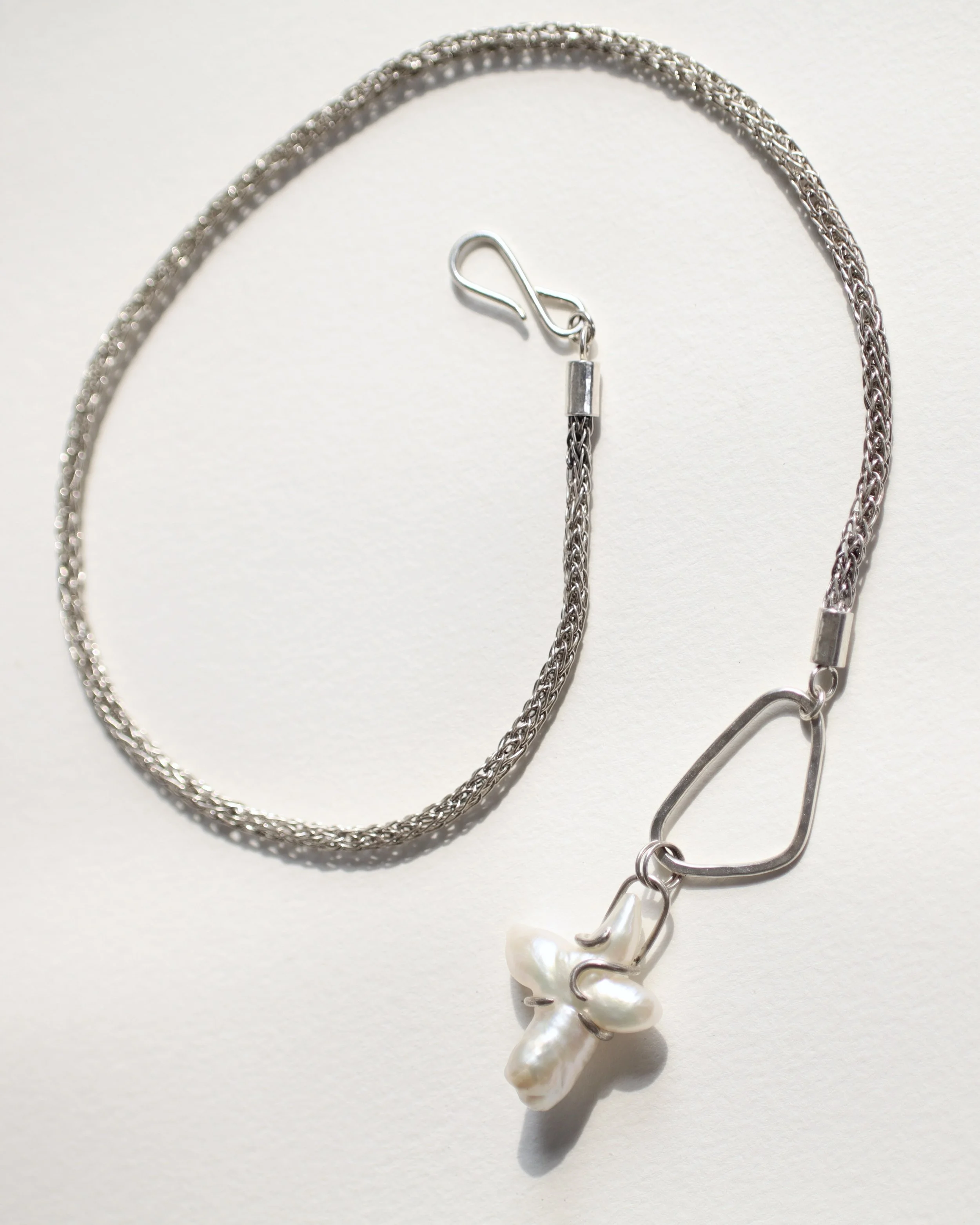 Viking knit woven chain necklace with large cross pearl, 2023