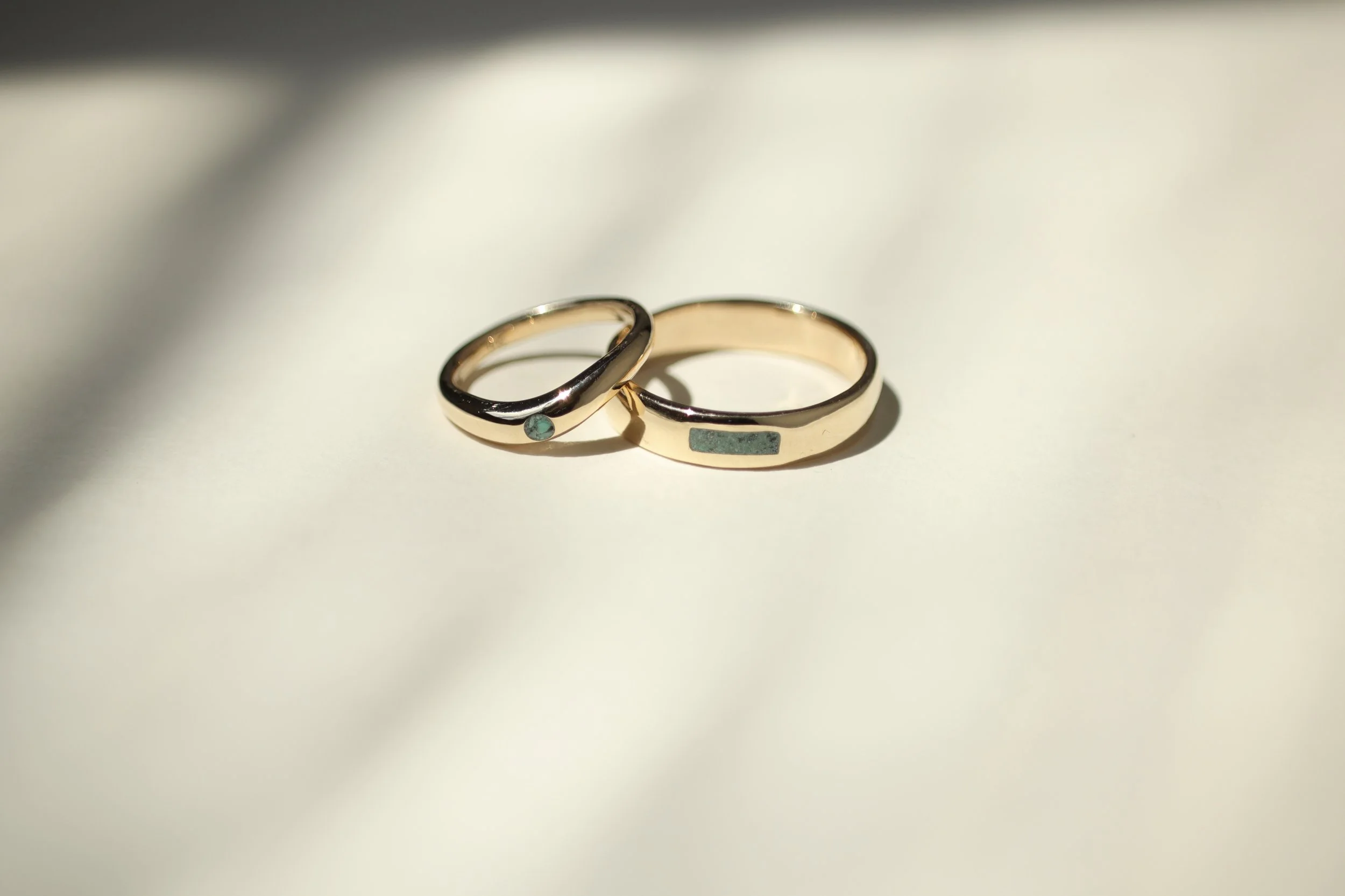 Turquoise inlay recycled wedding gold bands for Ingrid and Jonah
