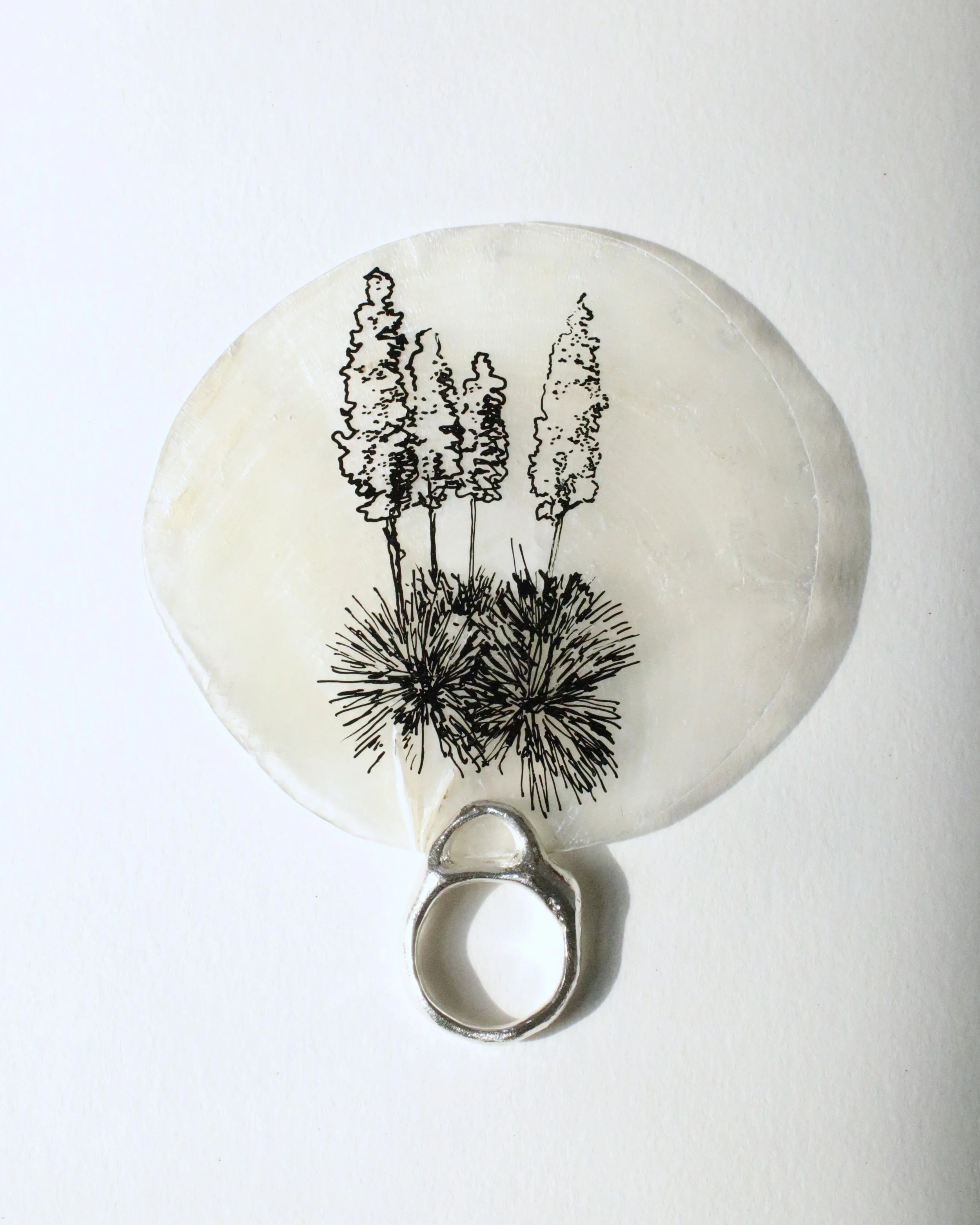 Yucca flower drawing on capiz shell and sand cast sterling silver ring, 2026