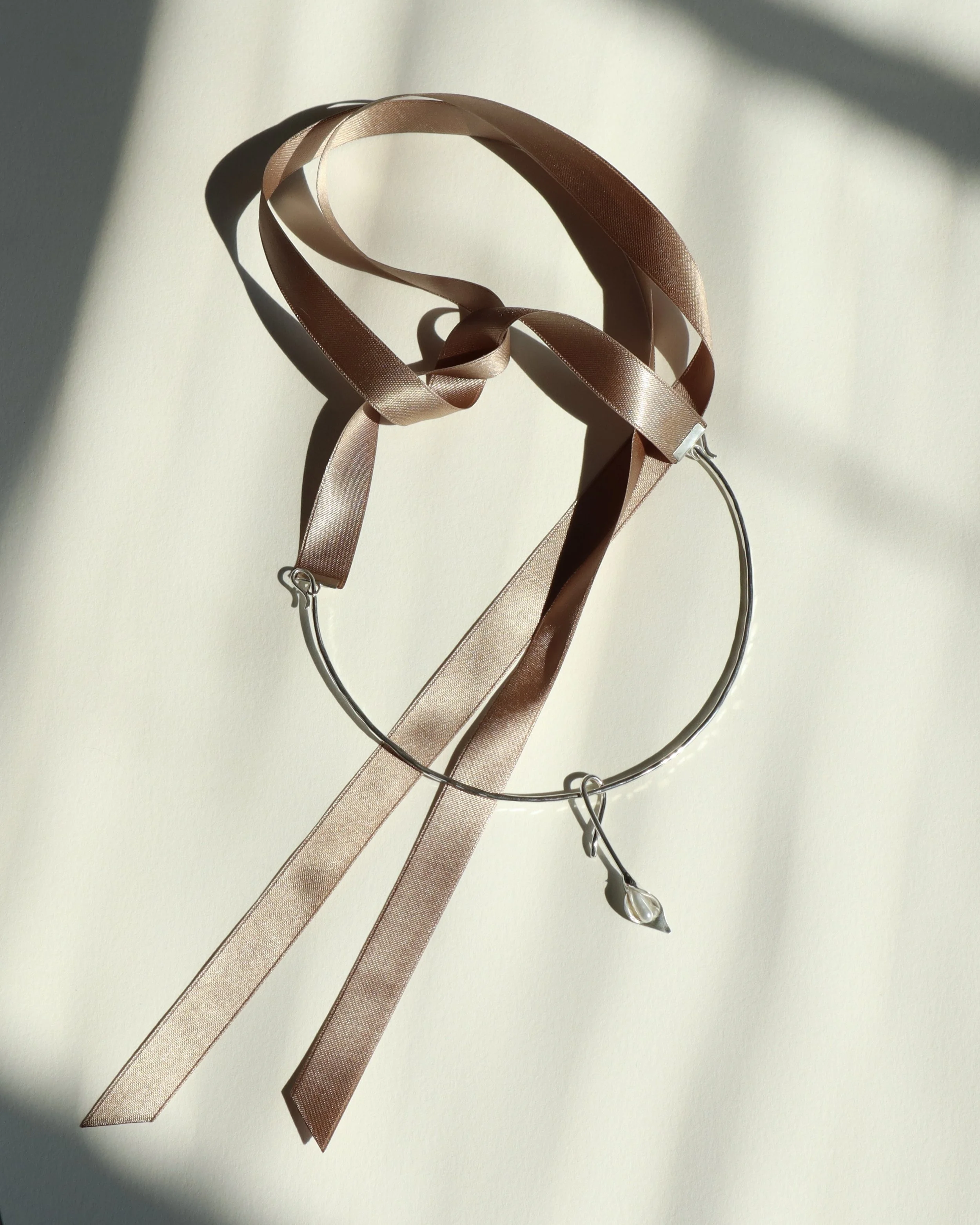 taupe satin ribbon calla lily necklace SOphie Kissin Jewelry 2.JPG