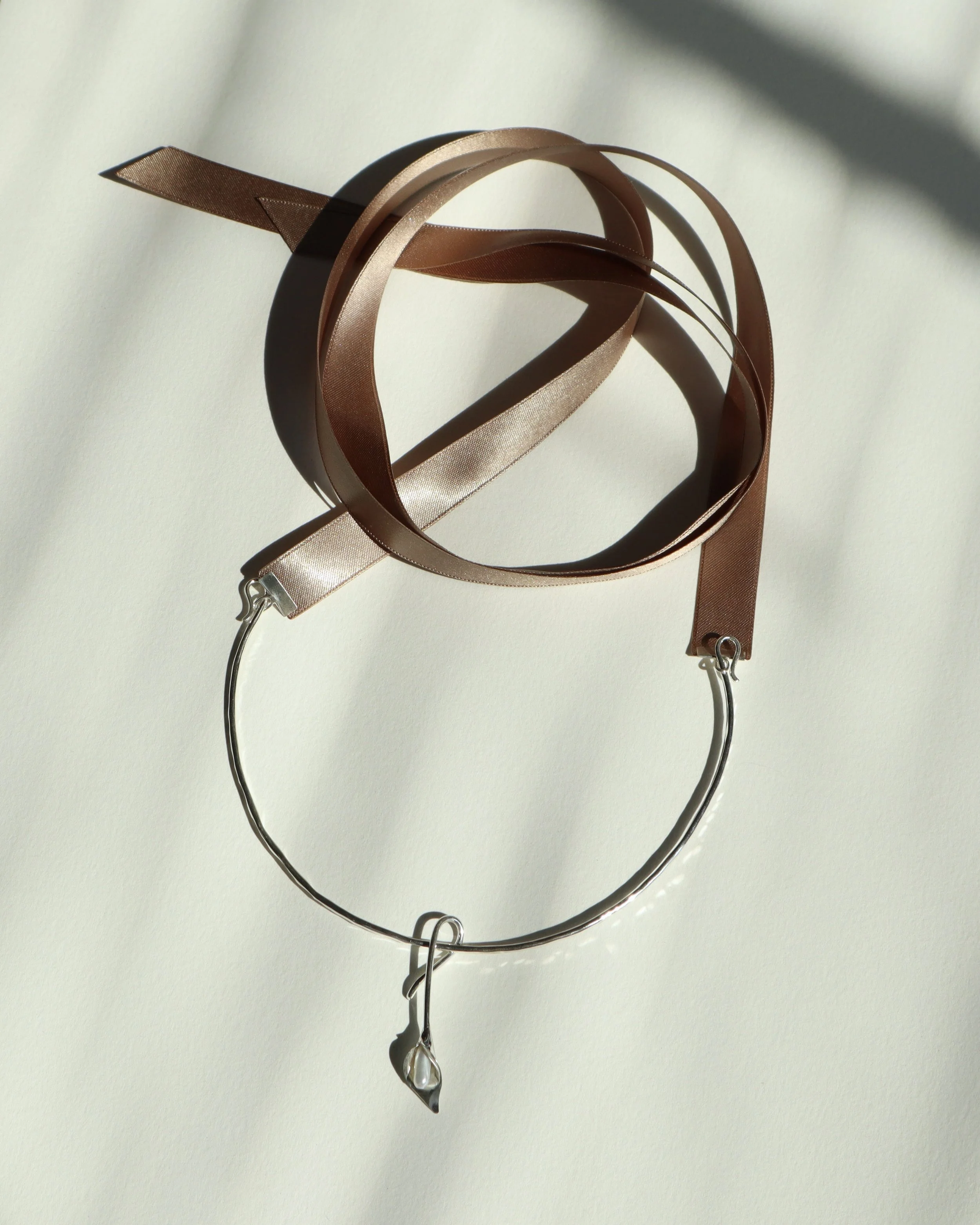 taupe satin ribbon calla lily necklace SOphie Kissin Jewelry 3.JPG
