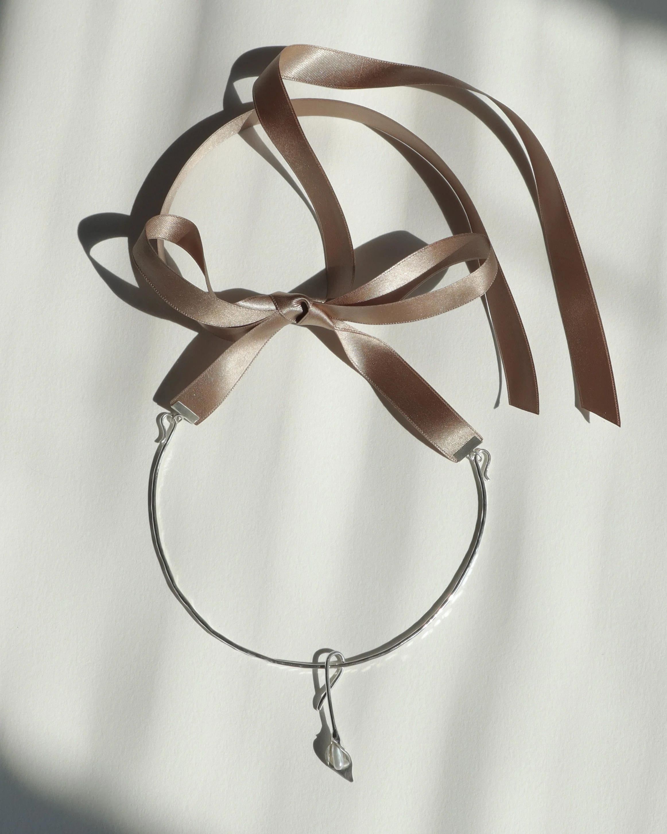 Taupe Ribbon Silver Calla Lily Collar Necklace
