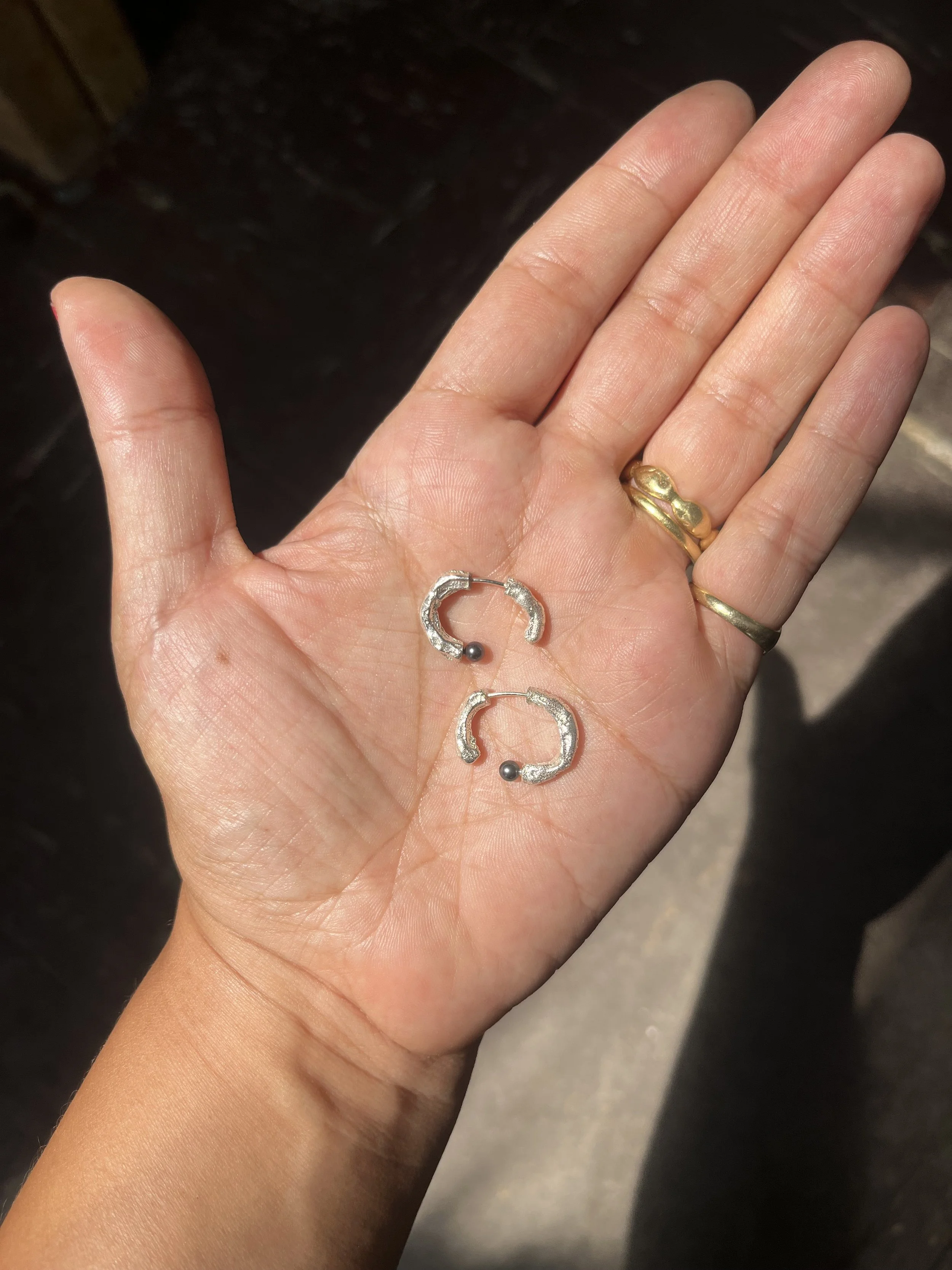 organic sandcast black pearl hoops SOphie Kissin Jewelry.jpeg