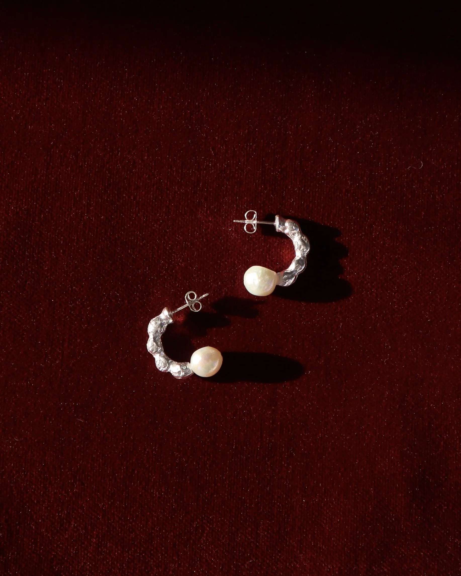 Silver Sand Cast Bubble Pearl Hoops