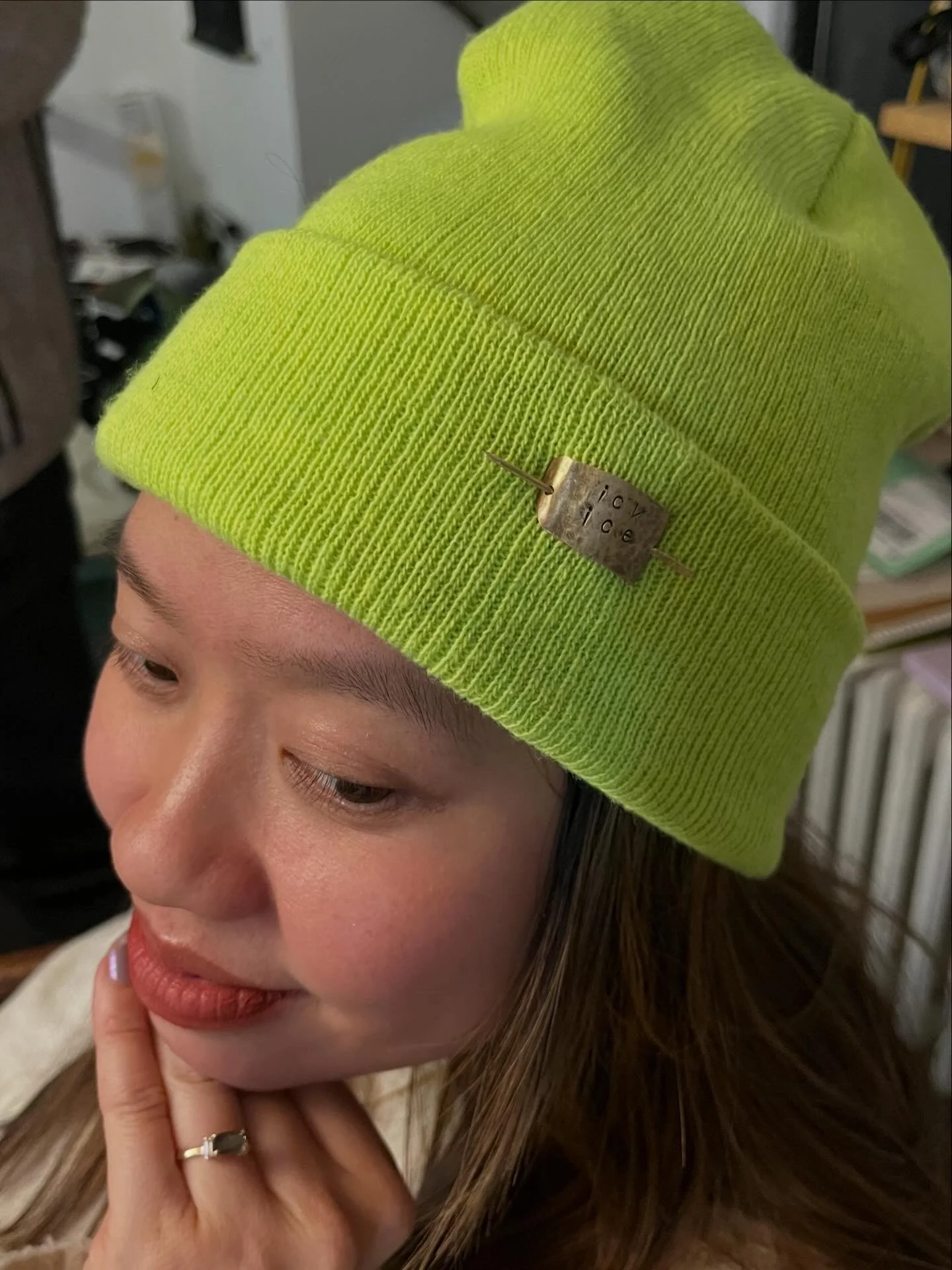 TA in ick ice brooch on beanie.JPG