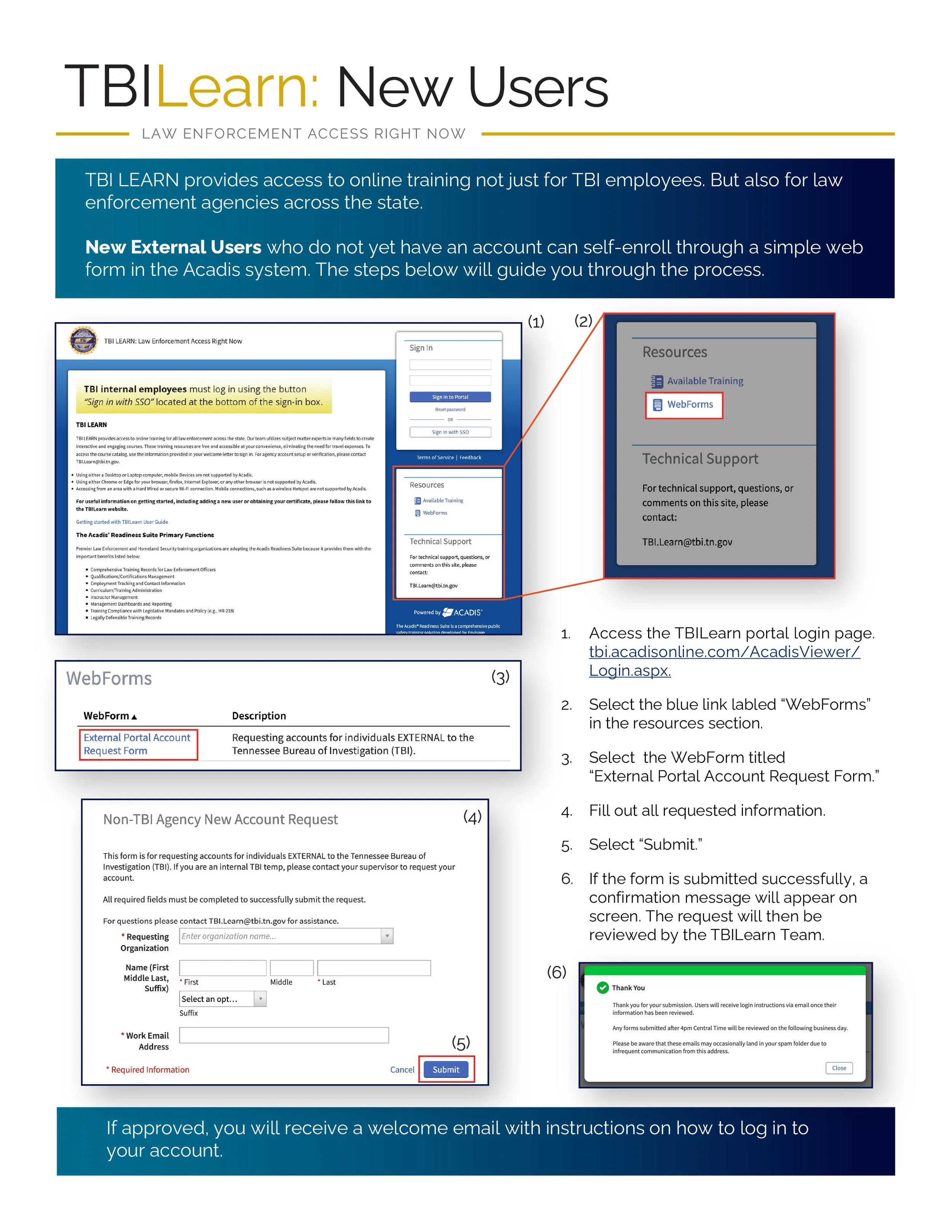 A visual guide for new users on how to access TBI Learn, an online training portal for law enforcement in the state. Accessible version available using button below.