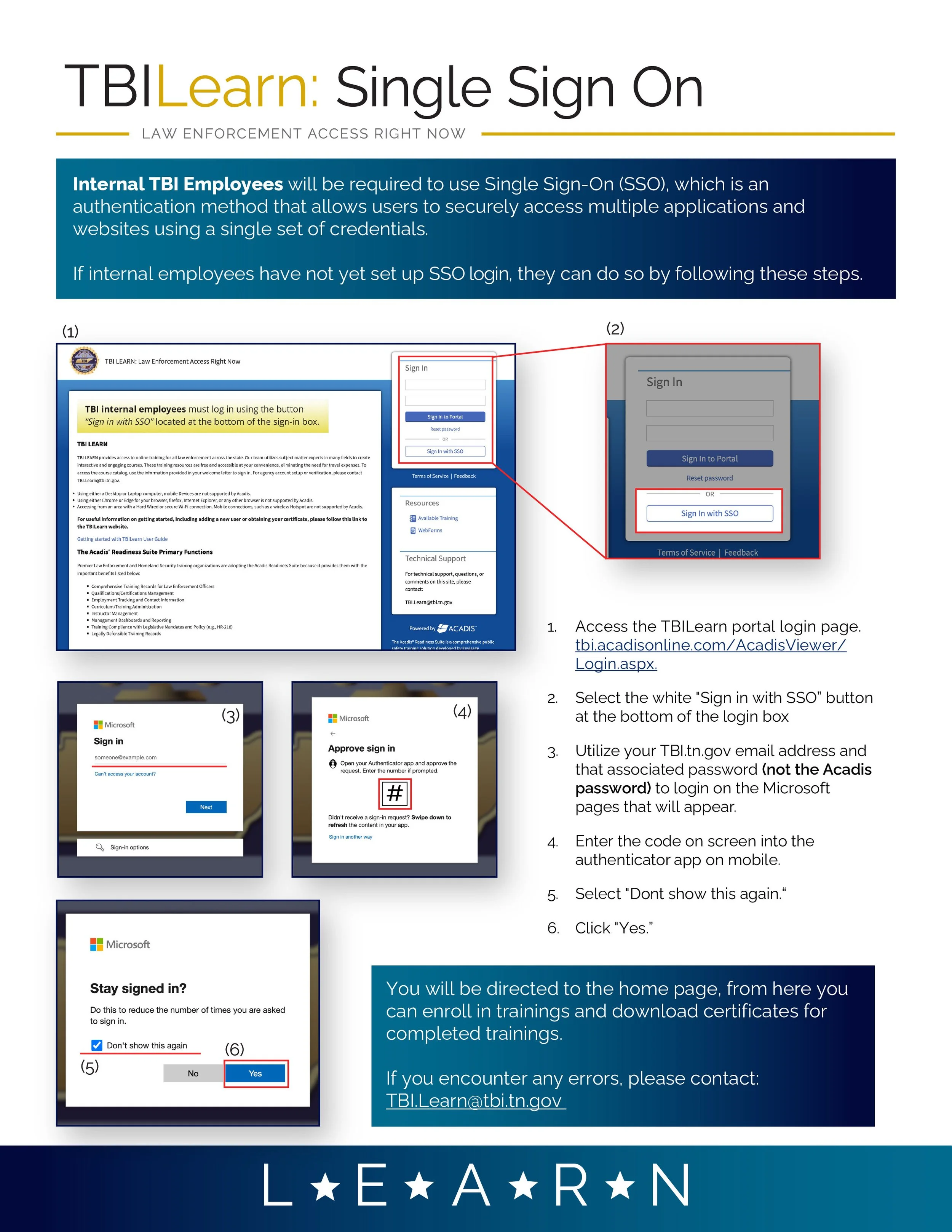 image of an instructional guide for Internal TBI Employees on setting up Single Sign-On (SSO) for accessing applications via TBILearn. Accessible version available using button below.
