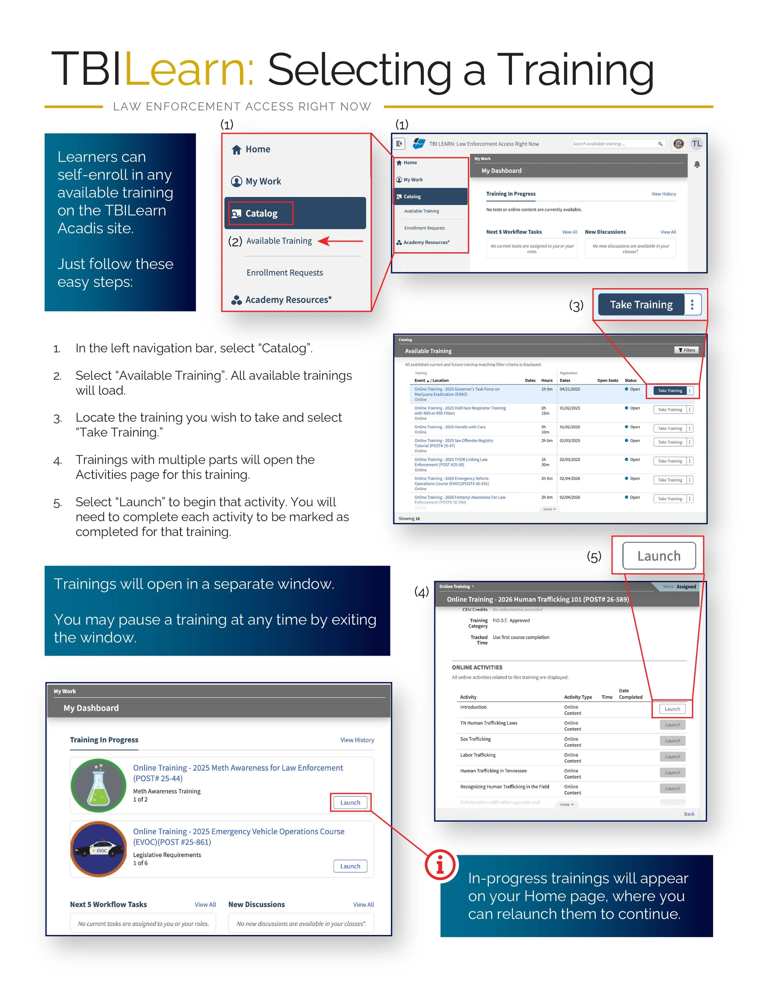 Screenshot guide for using the TBILearn Acadis site to enroll in training. Accessible version available using button below.
