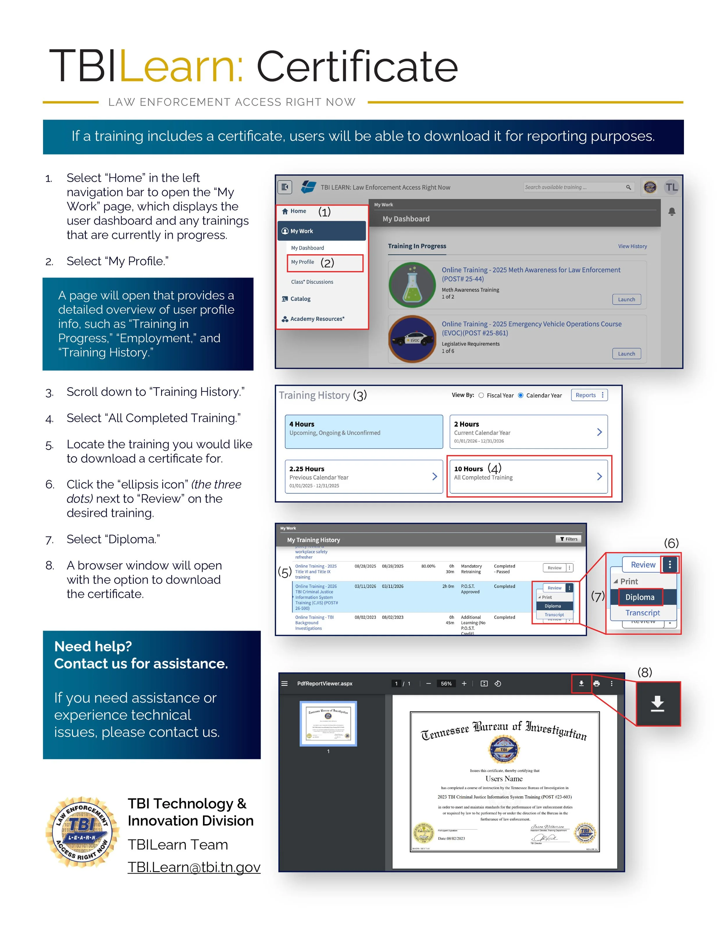 Instructional guide on how to download a certificate from TBI Learn, with step-by-step instructions and screenshots. Accessible version available using button below.