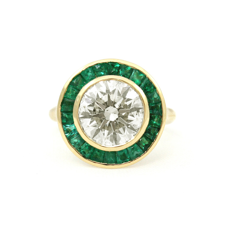 Old European Round Cut Diamond with Hand Cut Emeralds