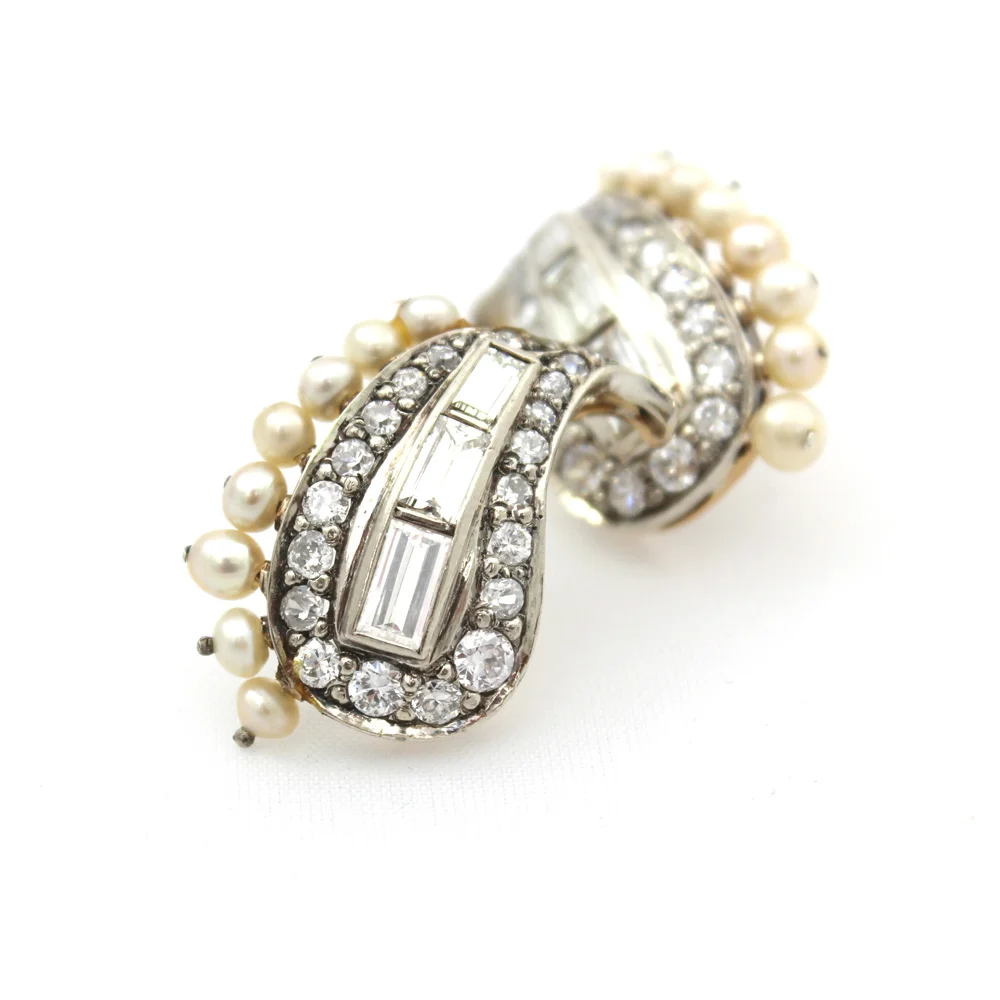 Baguette Diamond + Pearl Paisley Earrings