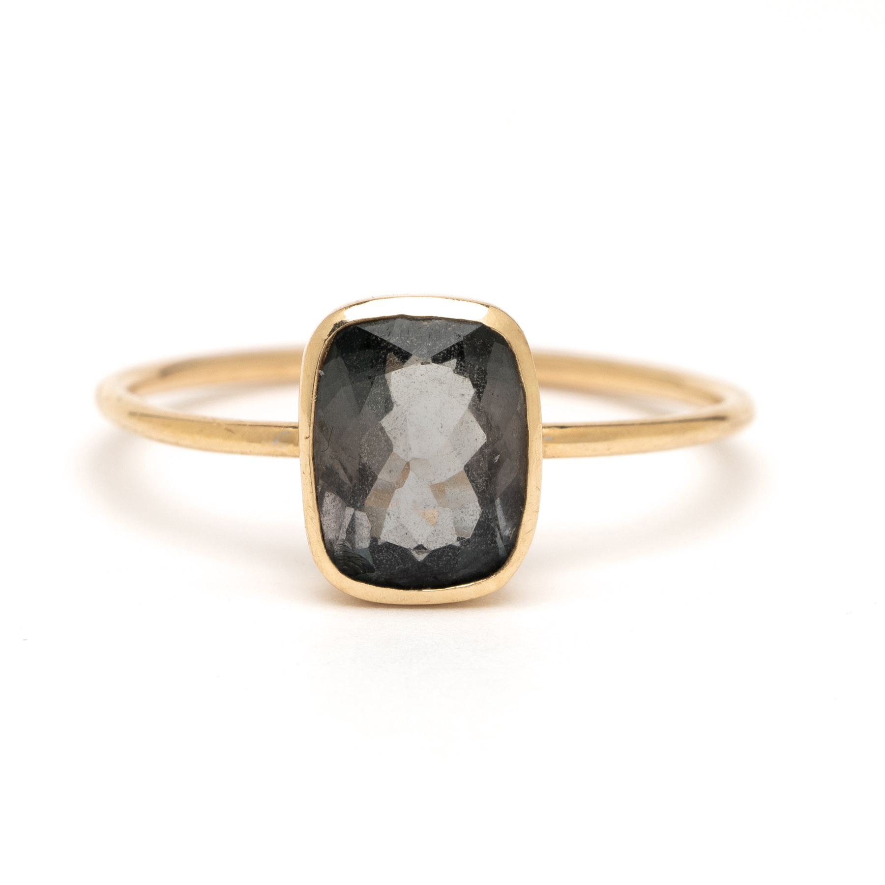 Grey Tourmaline Rectangle Thin Band Stacker Ring YG Front.jpg