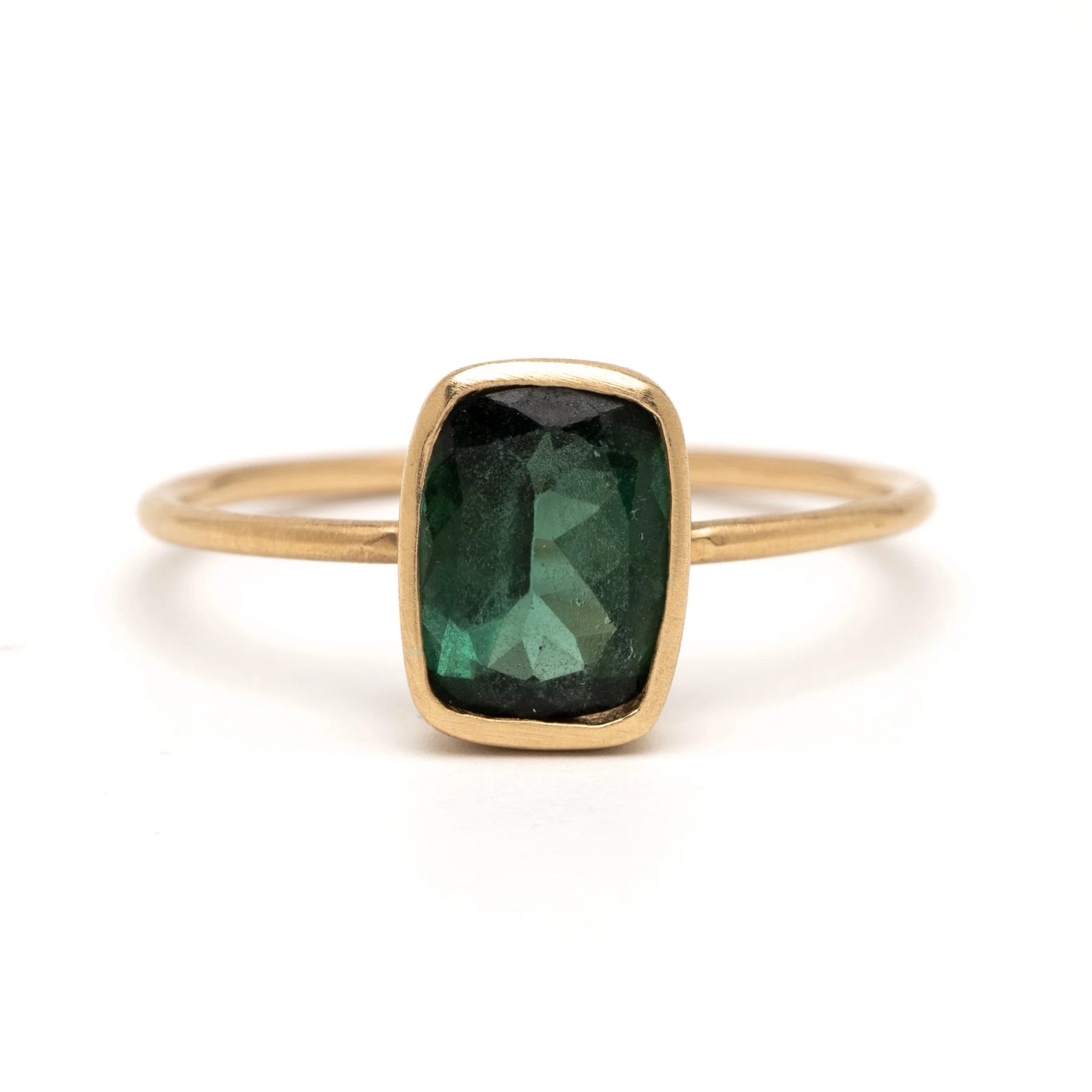 Green Tourmaline Rectangle Thin Band Stacker Ring YG Front.jpg