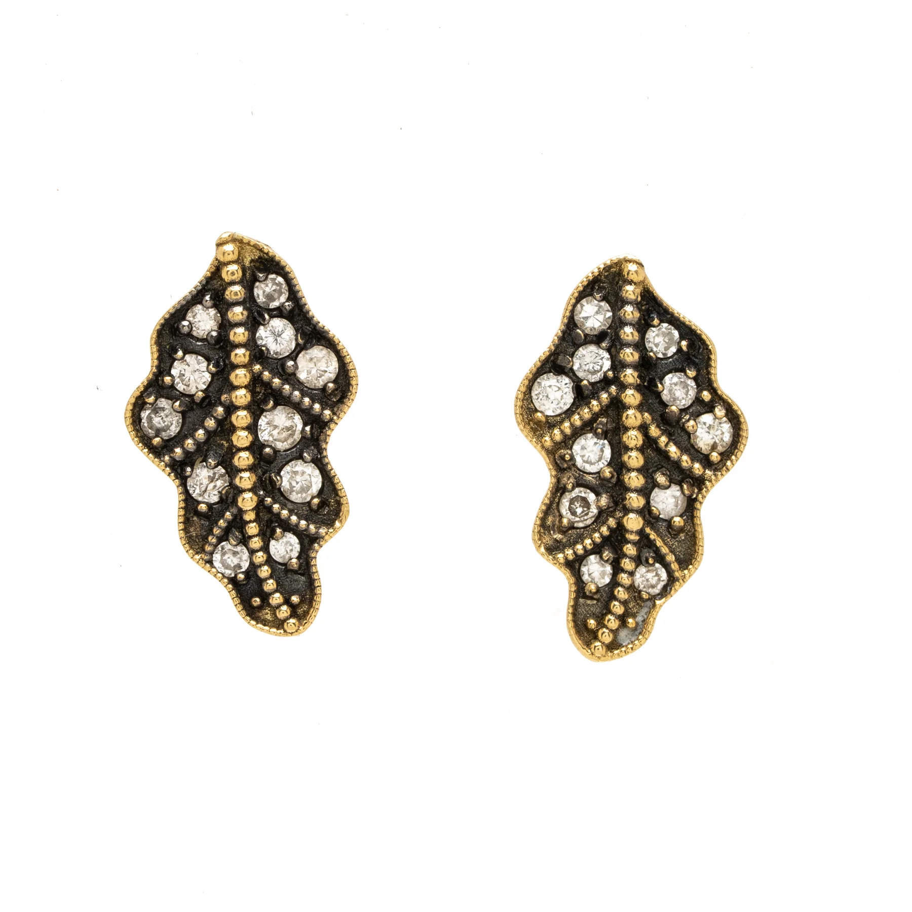 Pave Leaf Oxidized YG Stud Earrings Front.jpg