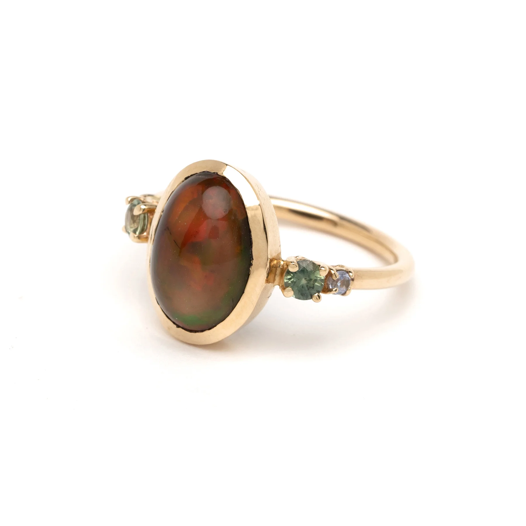 Fire Opal Pale Green Blue Sapphire YG Ring Angle.jpg